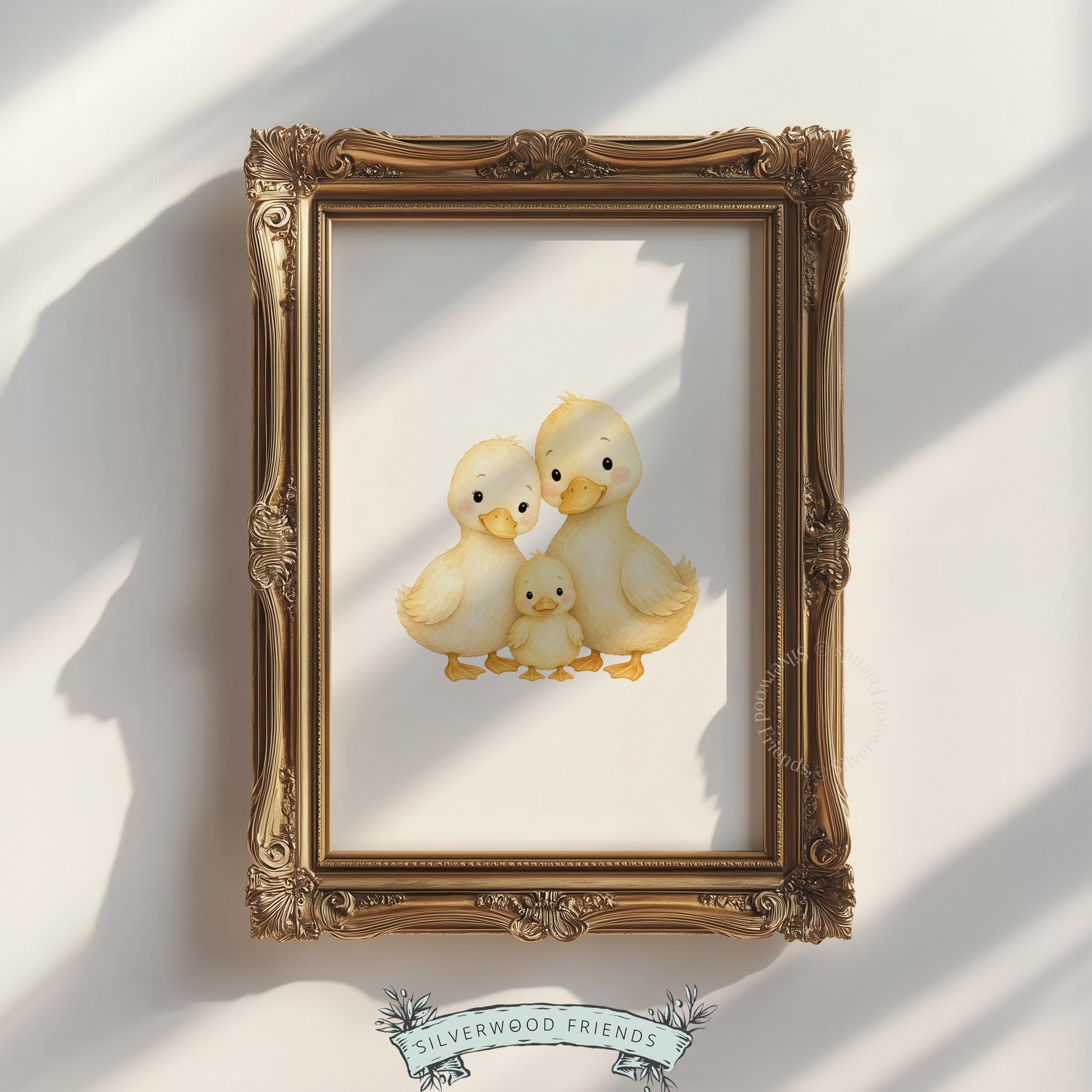Yellow duckling wall art for kids room — gentle illustration featuring family of ducks in muted colors