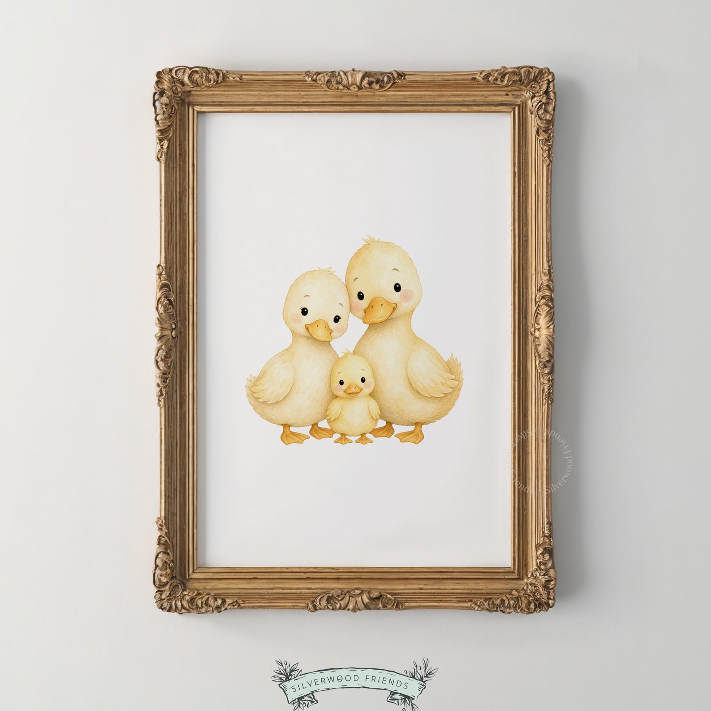 Baby bird family printable wall picture — soft illustrated ducklings in warm, comforting watercolor style