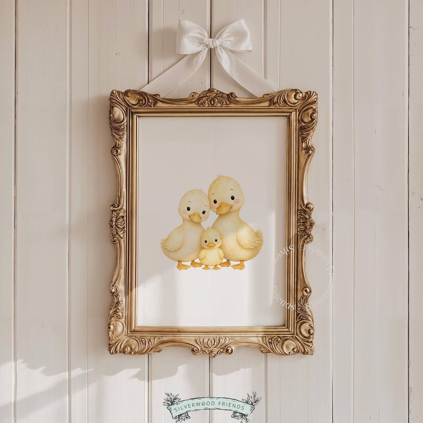 Nursery wall picture with ducklings — warm watercolor painting in gentle, soothing neutral tones