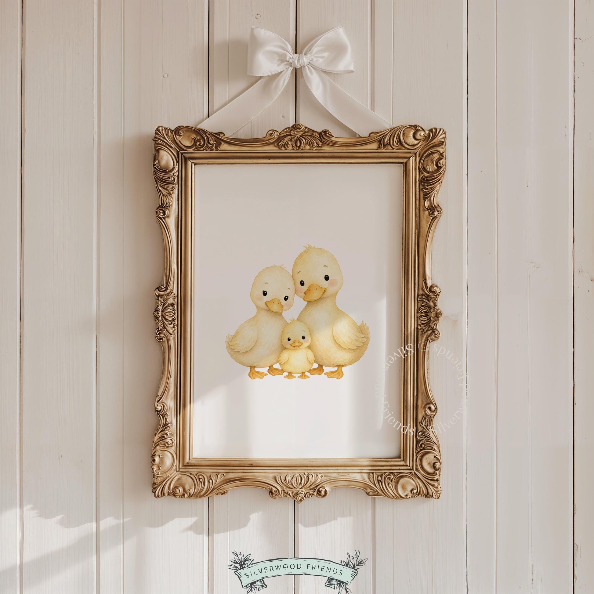 Nursery wall picture with ducklings — warm watercolor painting in gentle, soothing neutral tones