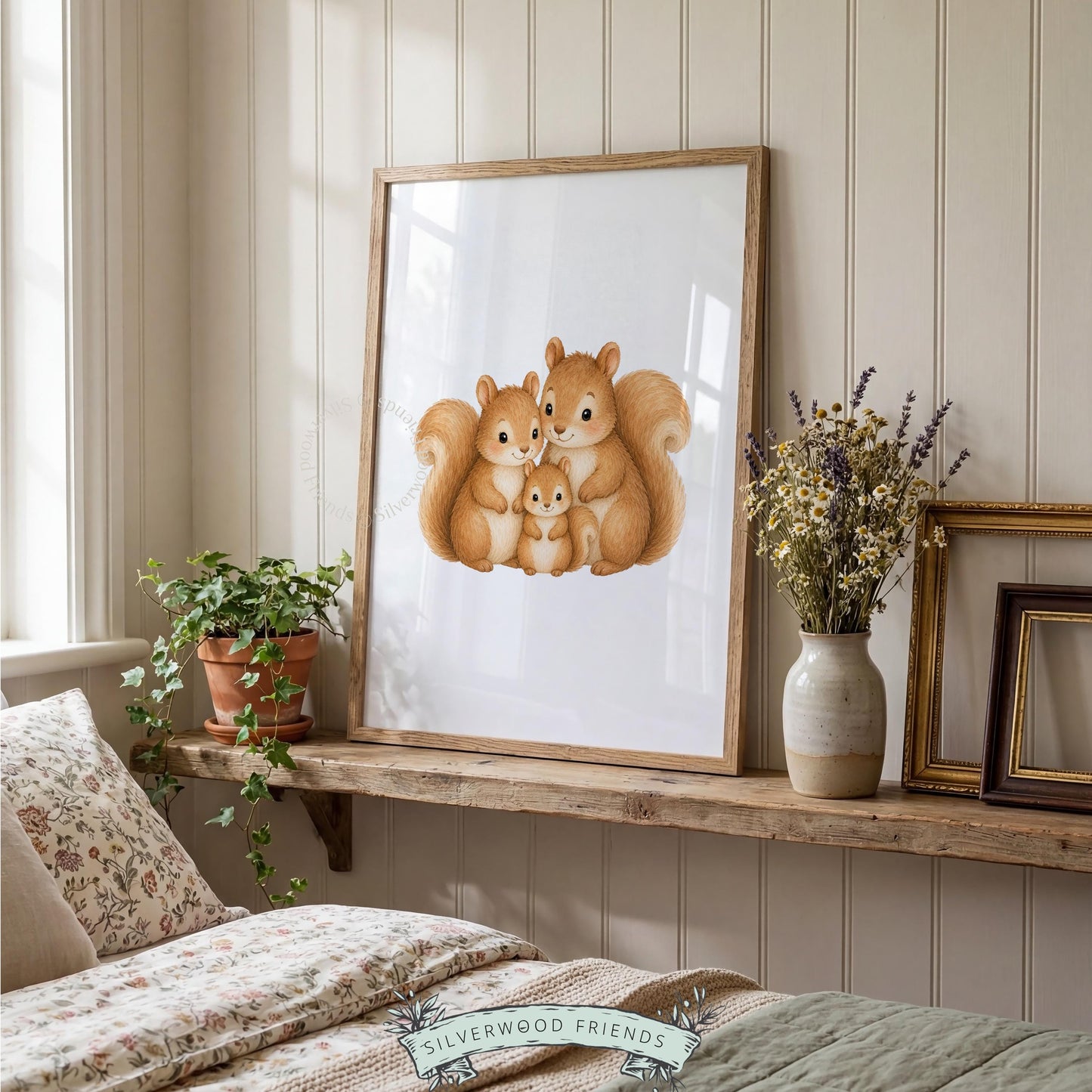Cozy woodland family portrait wall art printable — parent and baby squirrels in peaceful white space