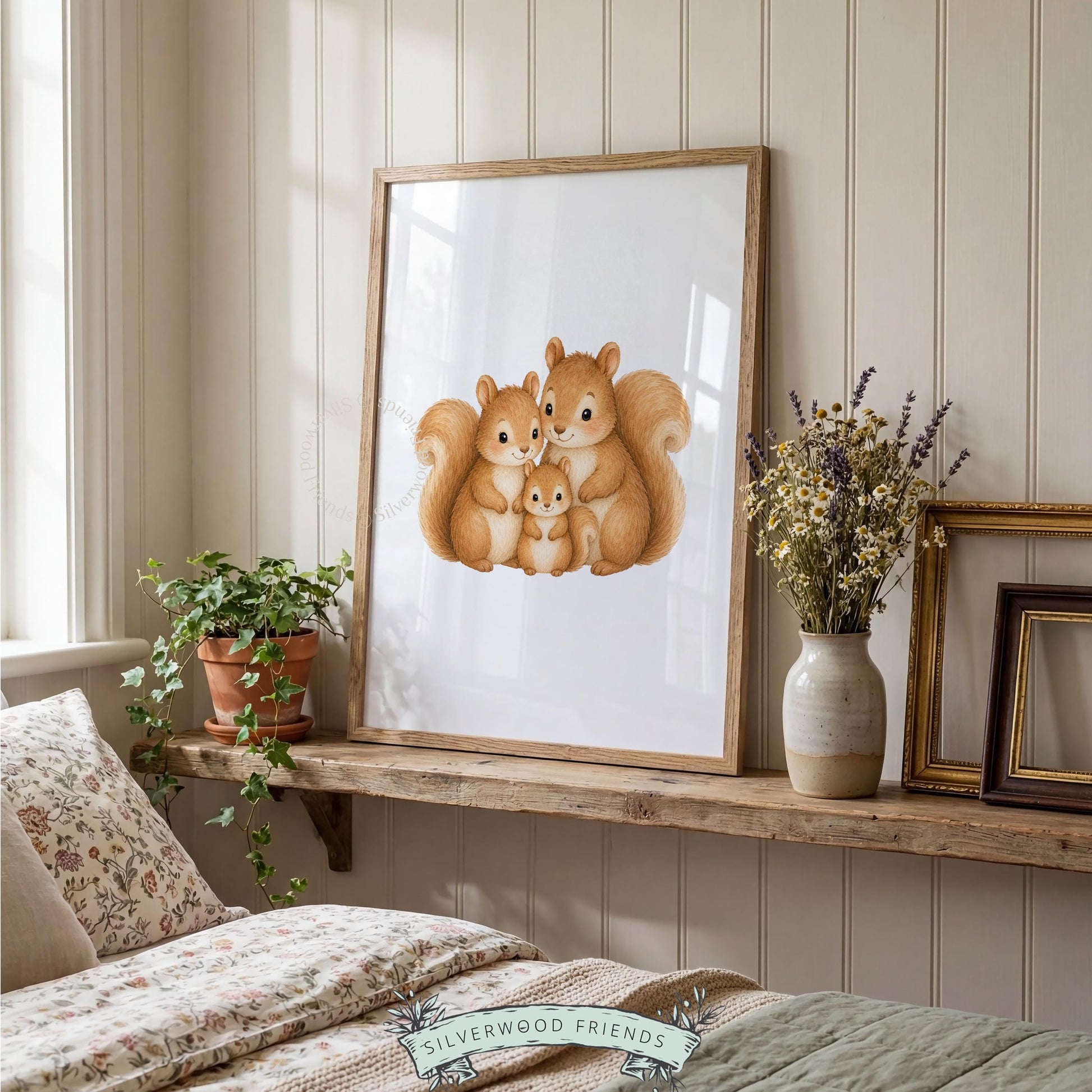 Cozy woodland family portrait wall art printable — parent and baby squirrels in peaceful white space