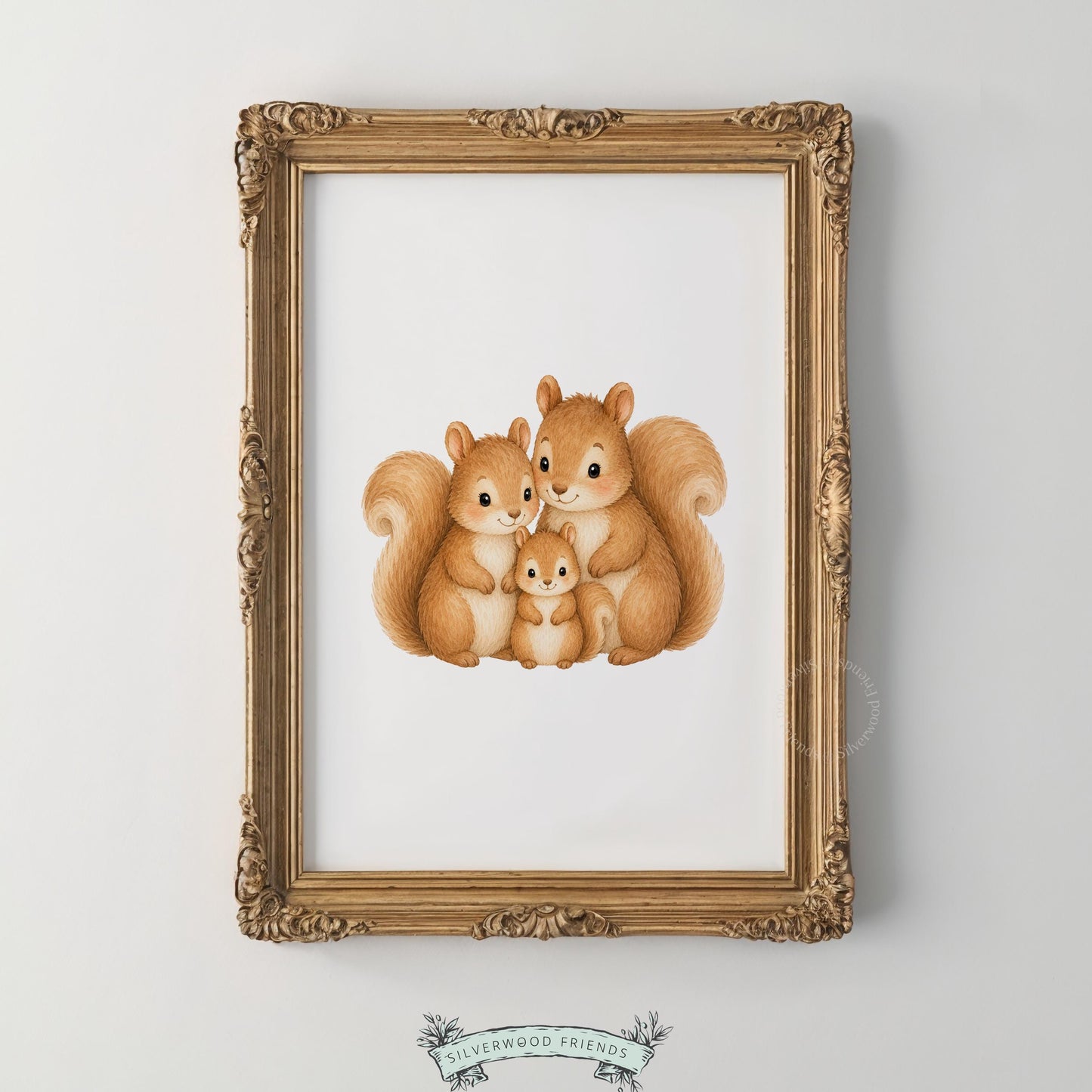 Cute squirrel trio digital print for playroom — warm-toned forest family wall art with peaceful aesthetic