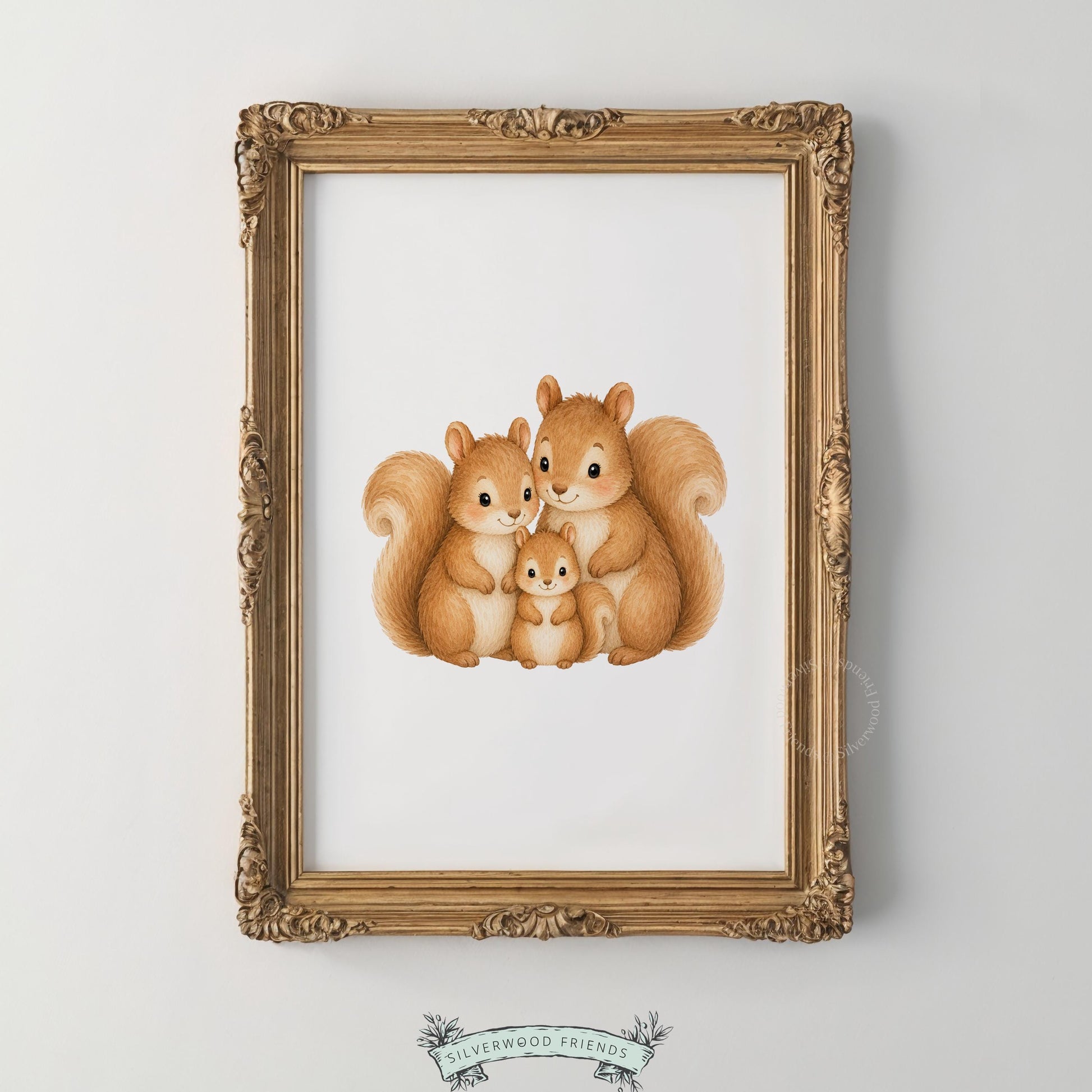Cute squirrel trio digital print for playroom — warm-toned forest family wall art with peaceful aesthetic