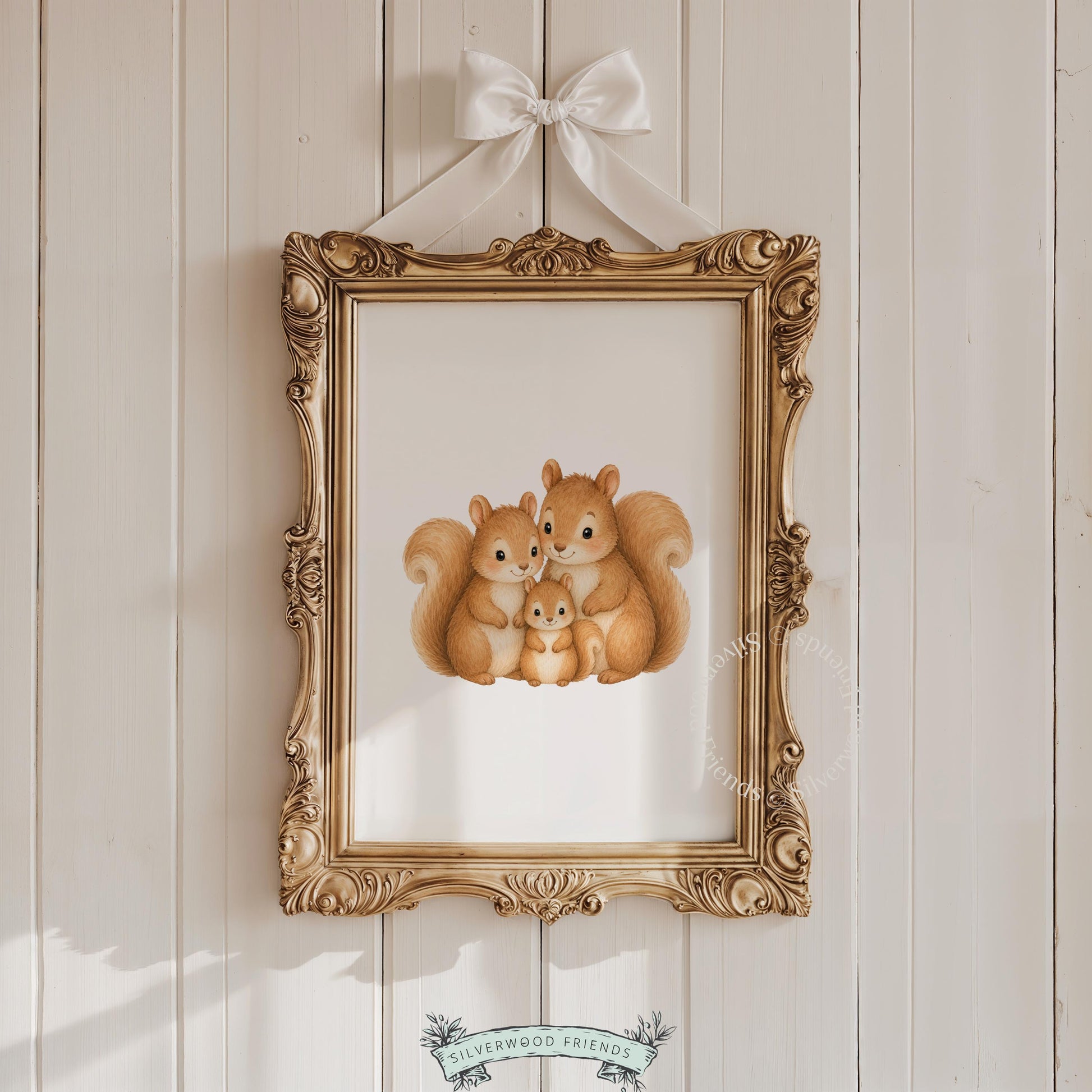 Squirrel family portrait printable art for nursery — watercolor woodland creatures in warm brown tones
