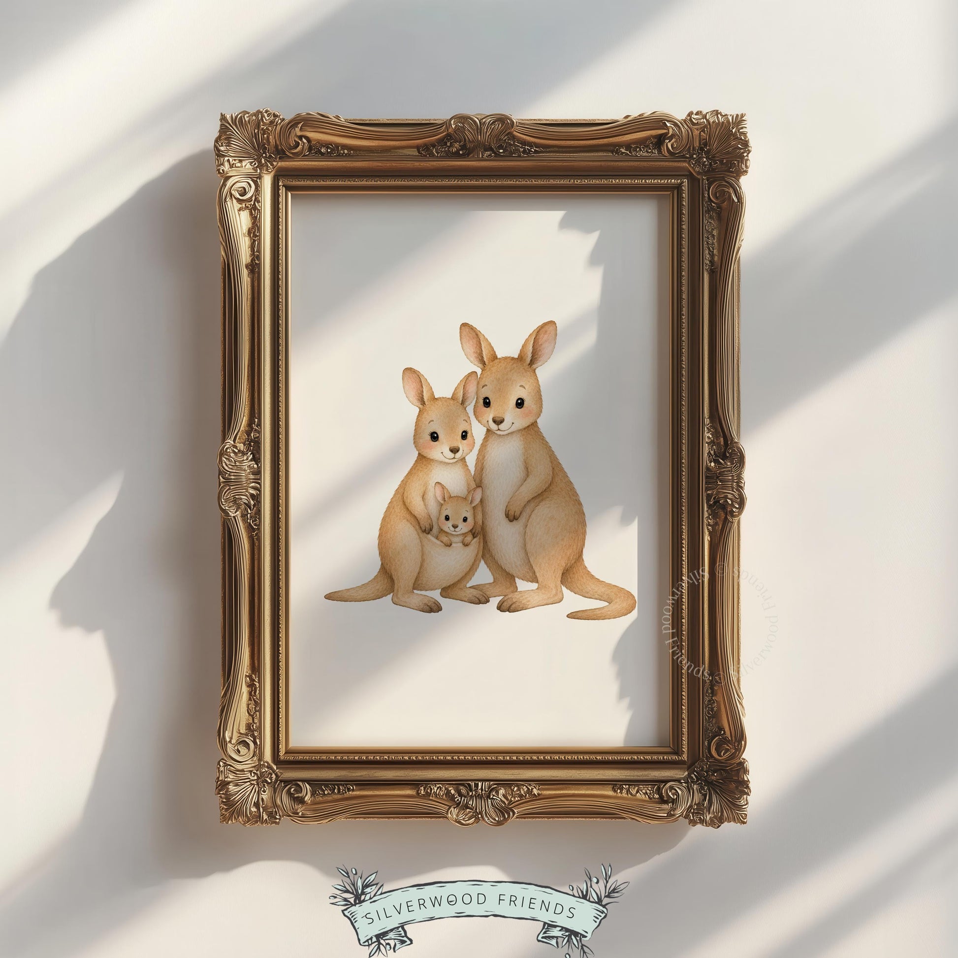 Adorable marsupial family digital print for nursery — warm beige tones with soft rounded characters