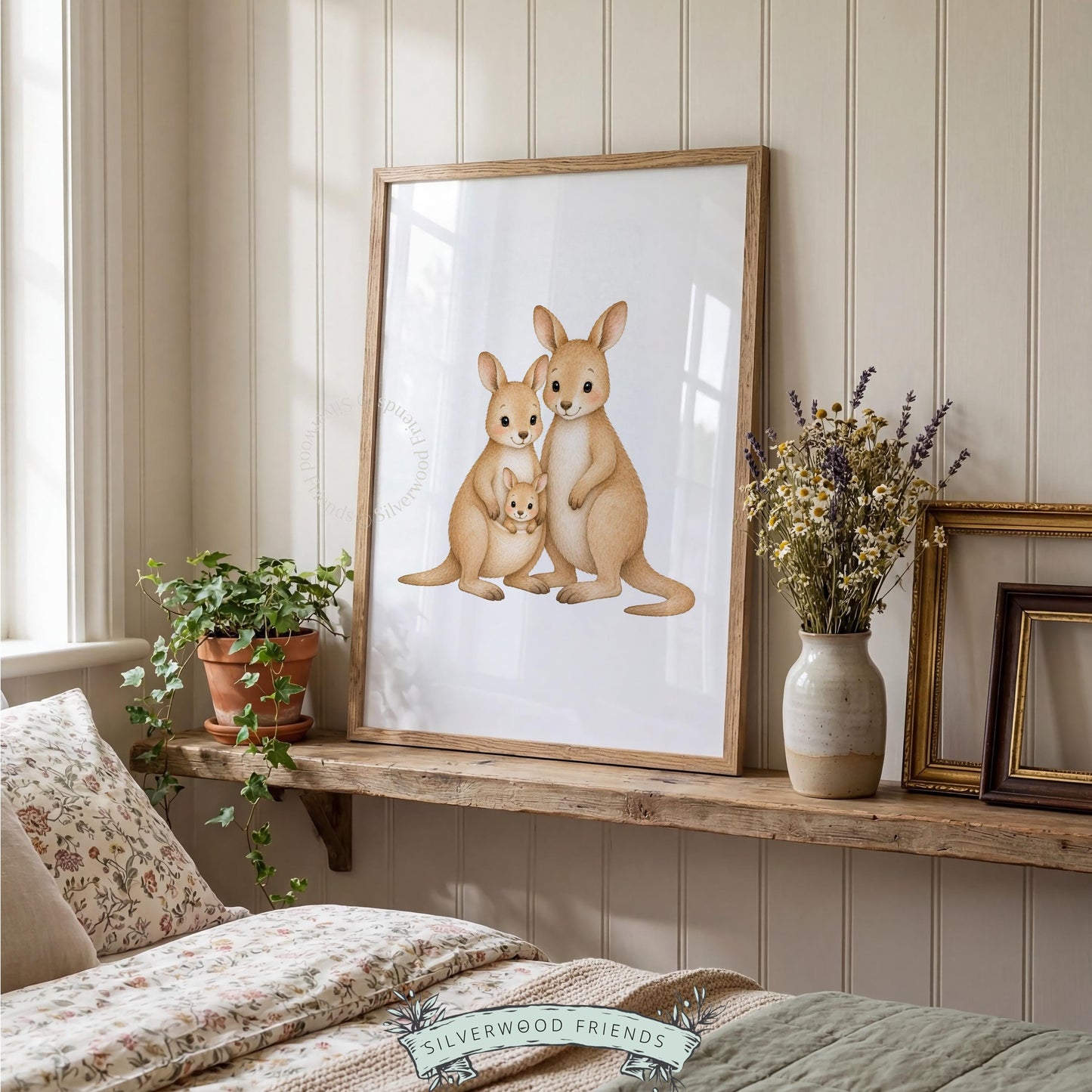 Cute kangaroo group poster for neutral nursery — soft illustration perfect for calming kids spaces