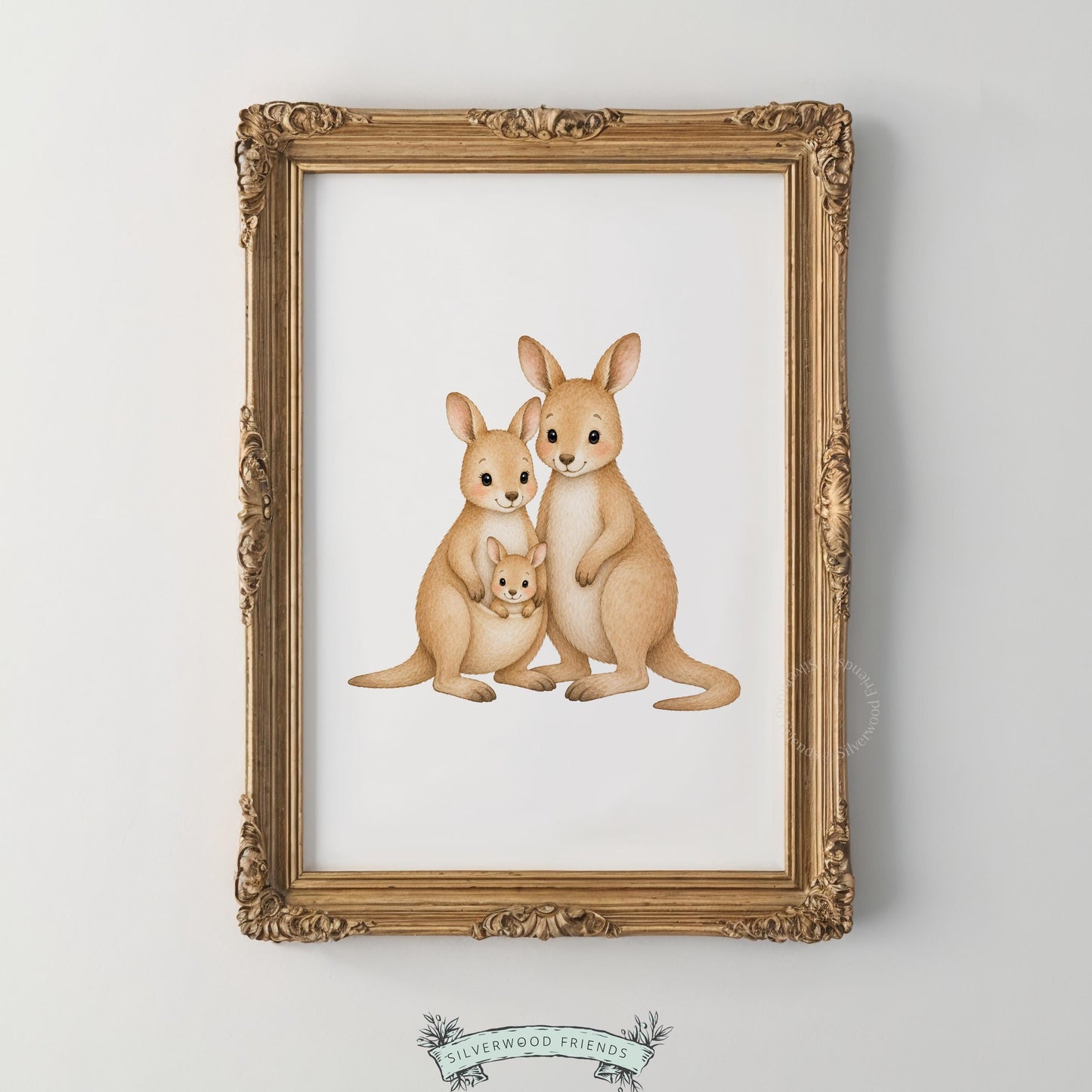 Tender wildlife family picture printable art for toddler spaces — warm watercolor kangaroo portrait