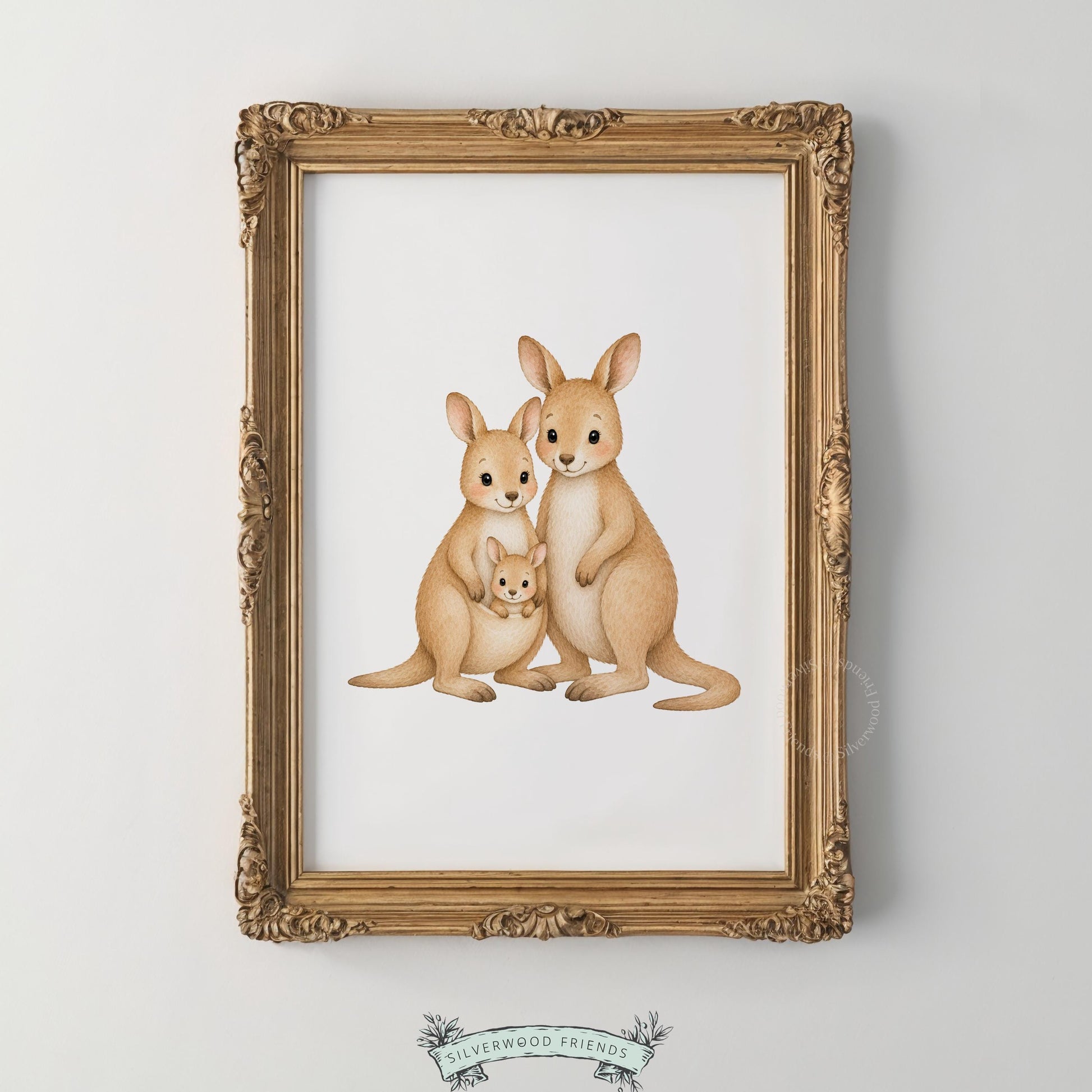 Tender wildlife family picture printable art for toddler spaces — warm watercolor kangaroo portrait
