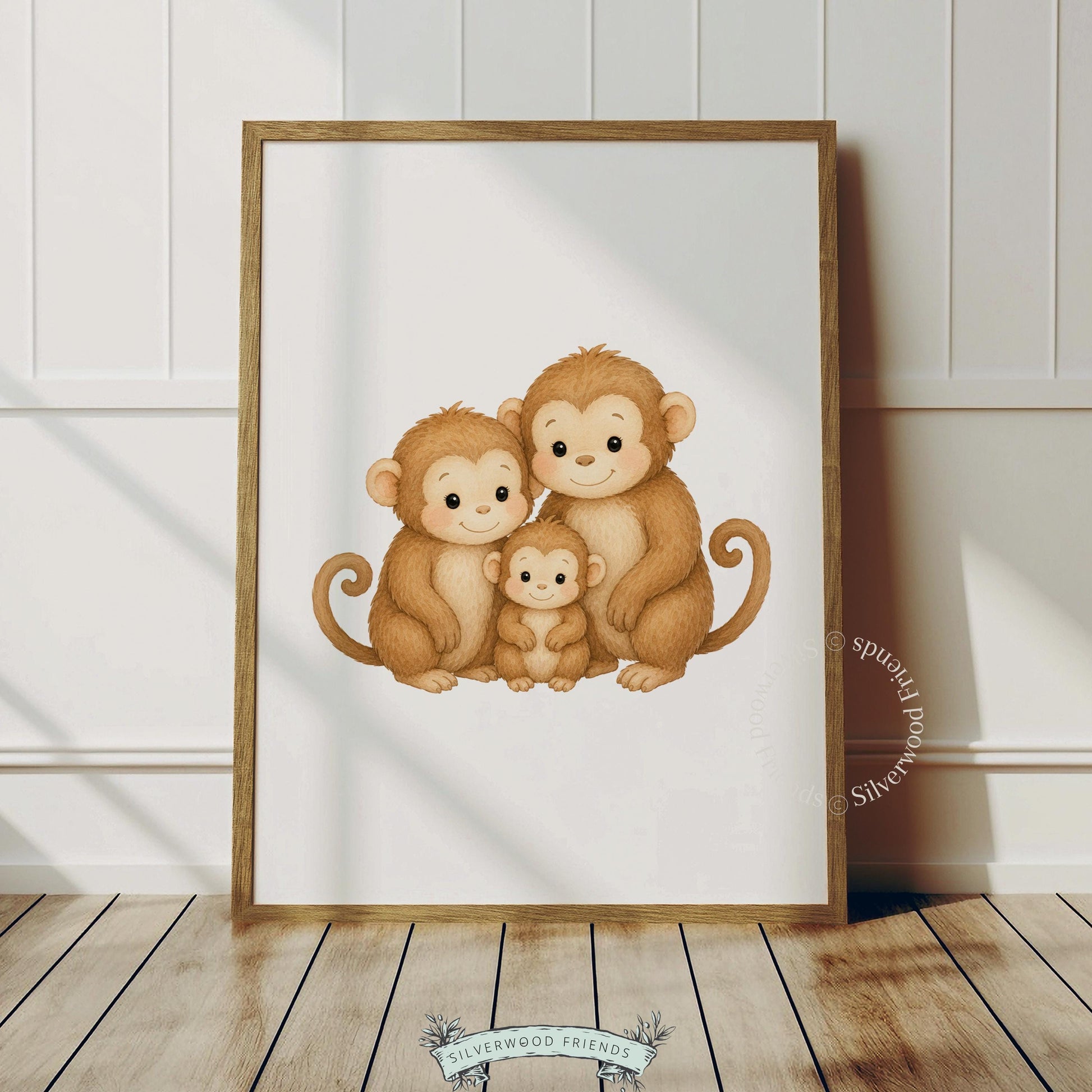 Cute primate family picture for playroom — gentle watercolor illustration with cozy nursery aesthetic