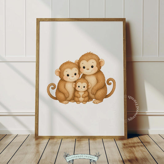Cute primate family picture for playroom — gentle watercolor illustration with cozy nursery aesthetic