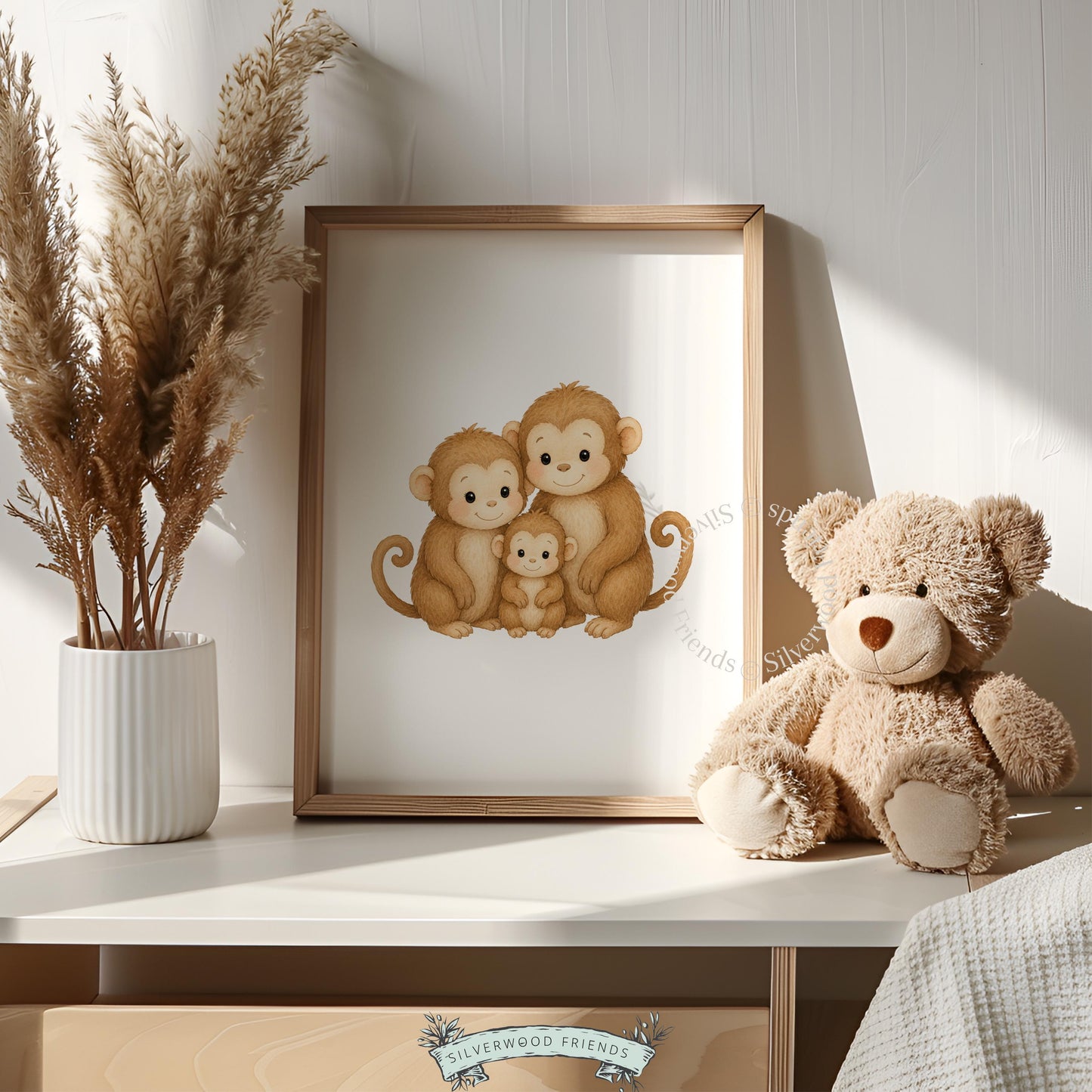 Baby monkey snuggled between parents gallery wall art — gentle watercolor style perfect for playroom
