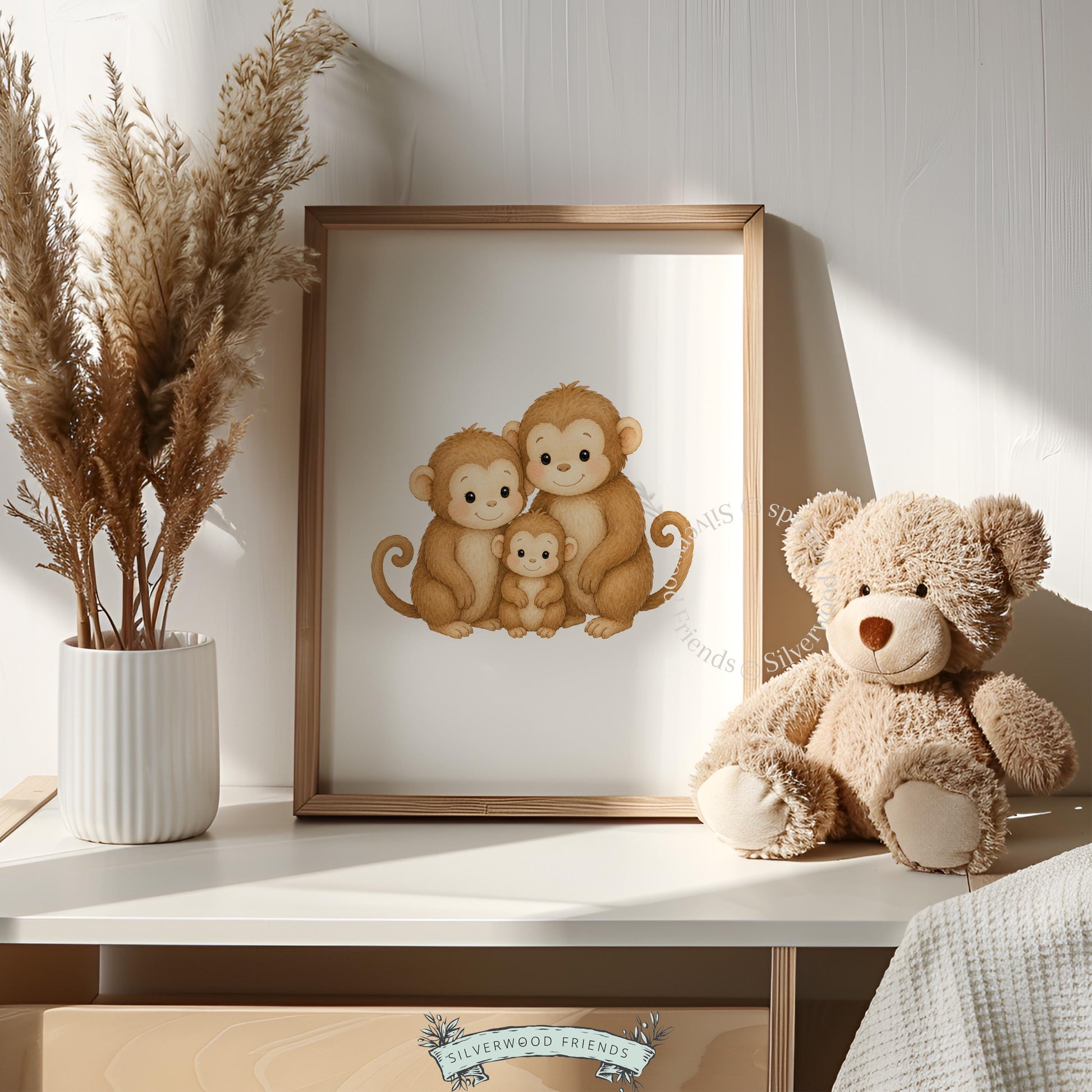 Baby monkey snuggled between parents gallery wall art — gentle watercolor style perfect for playroom