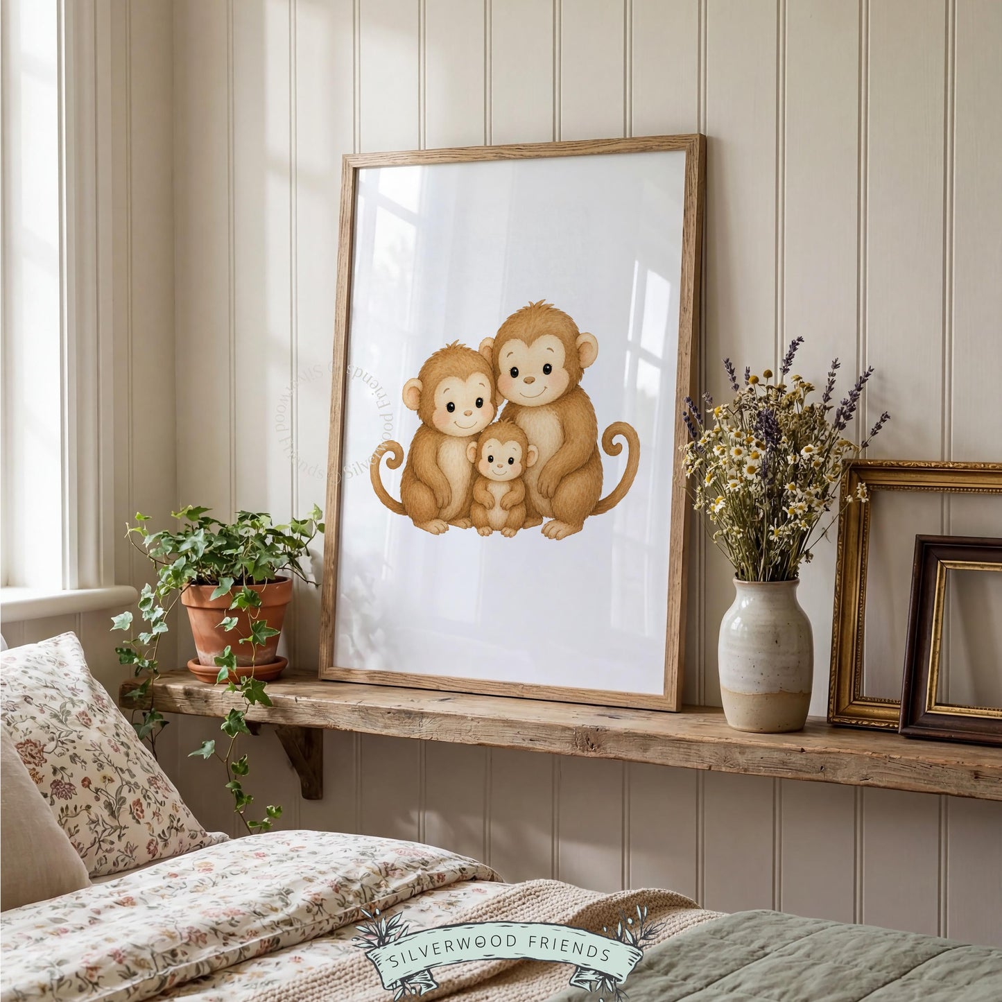 Three monkeys hugging artwork for baby room — neutral illustrated family portrait with gentle warmth