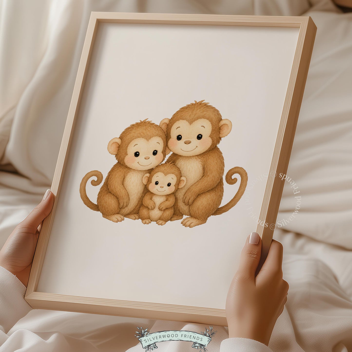 Three adorable monkeys poster printable — family bonding scene in gentle watercolor for nursery theme