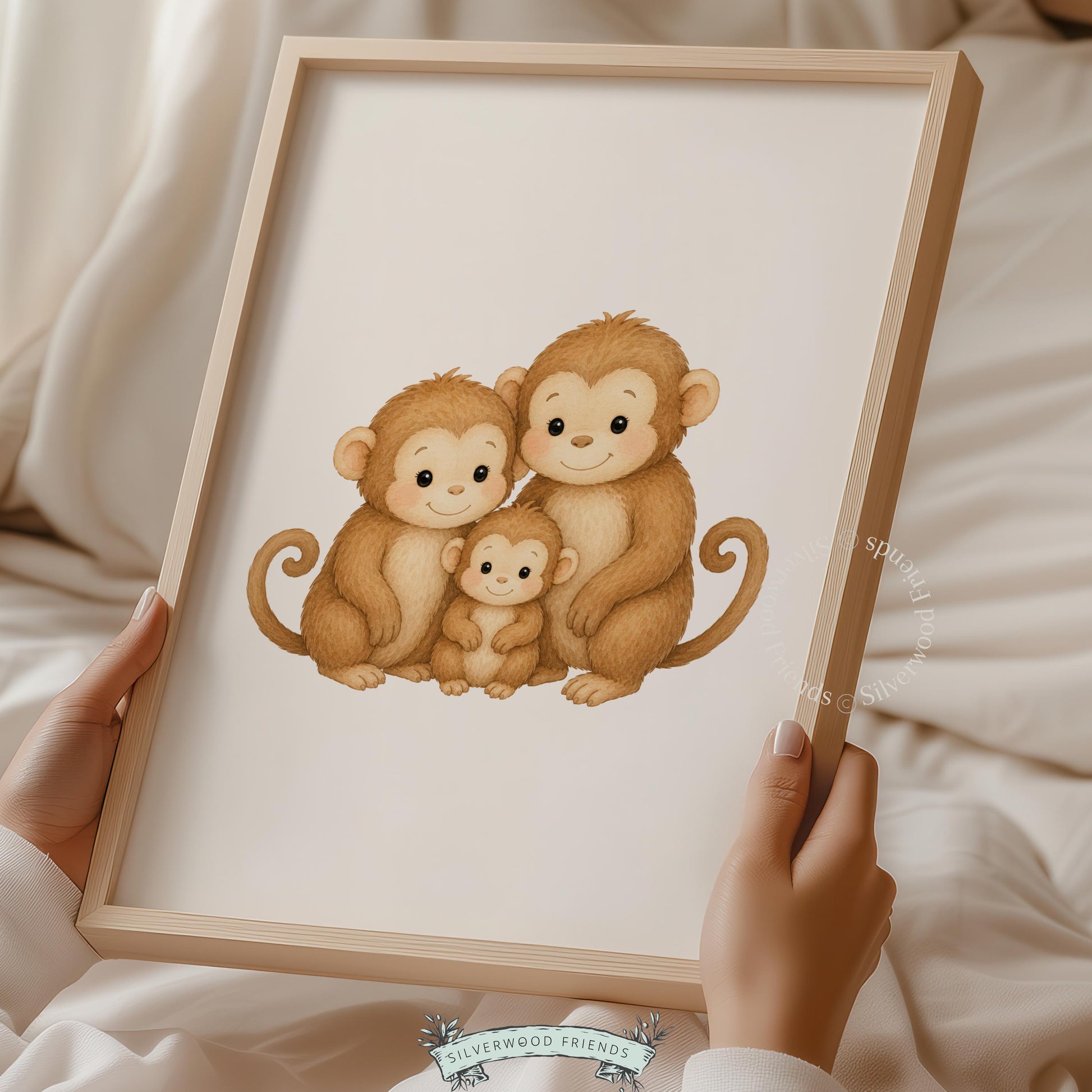 Three adorable monkeys poster printable — family bonding scene in gentle watercolor for nursery theme