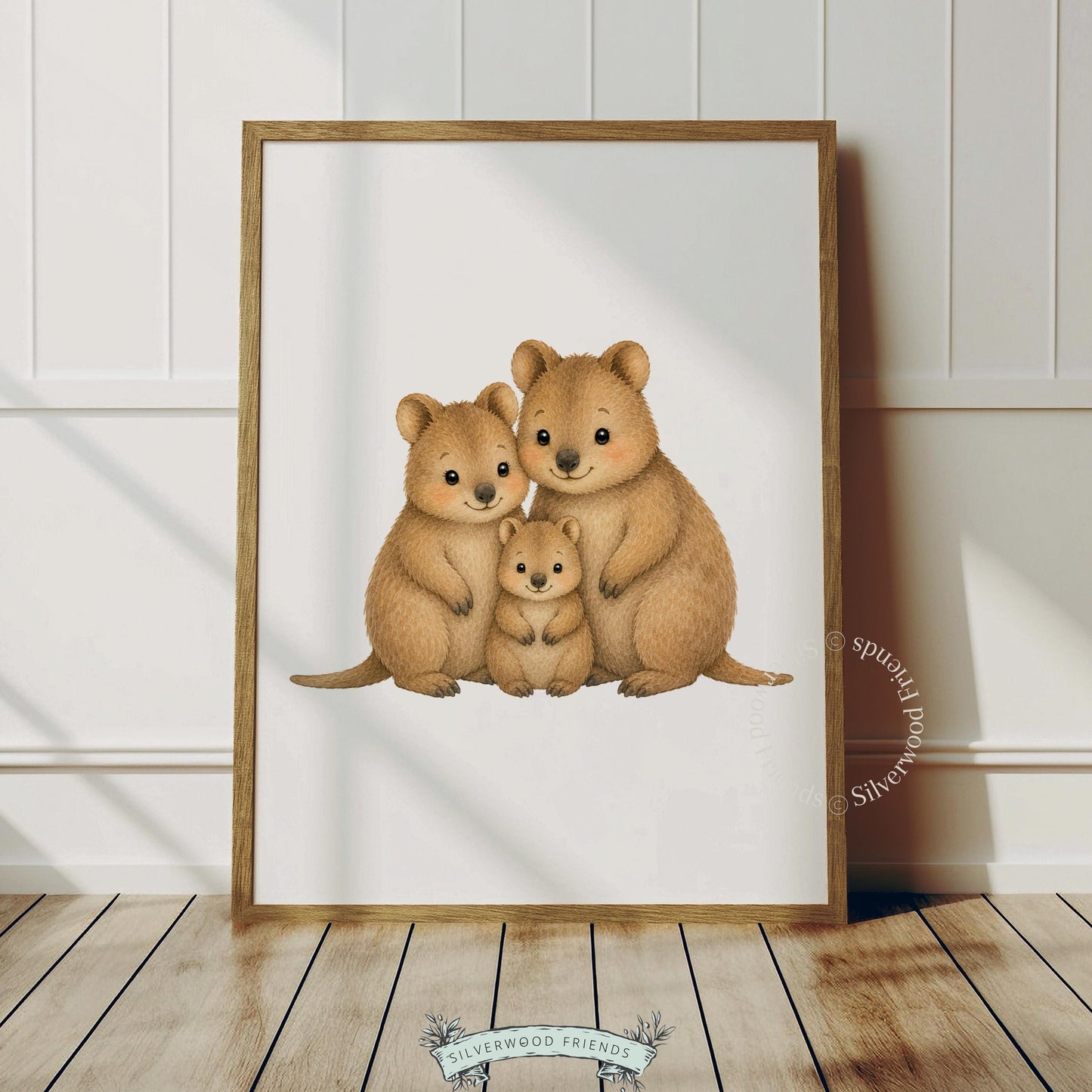 Adorable quokka trio instant download printable for toddler room — cozy pencil-and-watercolor family scene