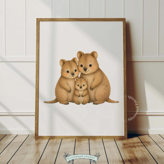Adorable quokka trio instant download printable for toddler room — cozy pencil-and-watercolor family scene