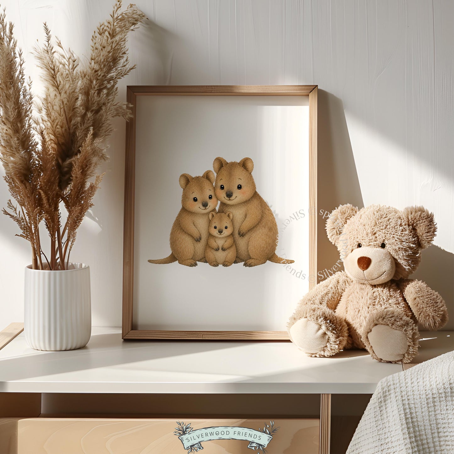 Three quokkas snuggled together instant download print for nursery — sweet watercolor artwork, neutral palette