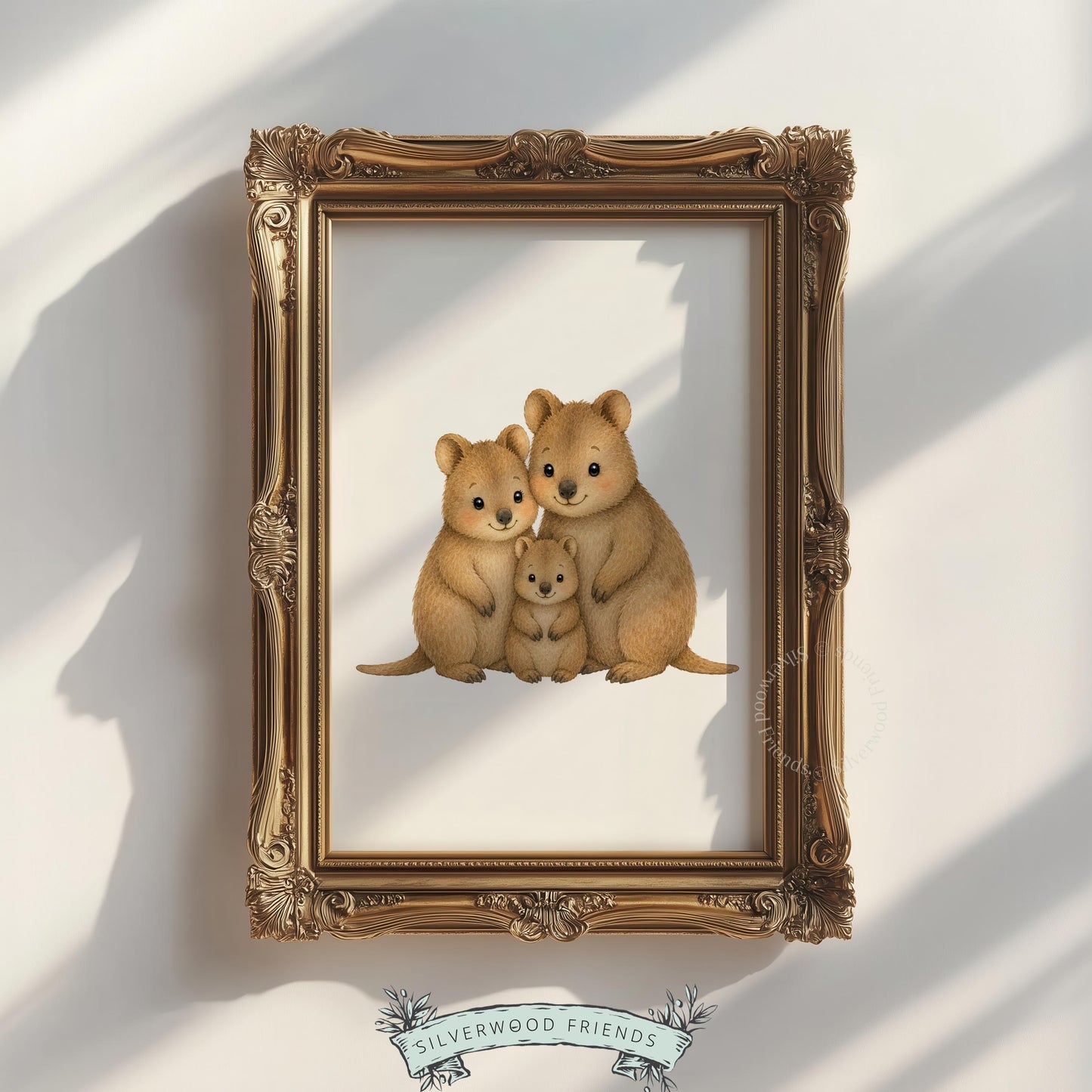 Three quokka characters digital wall art for playroom — warm golden tones with sweet family bonding theme