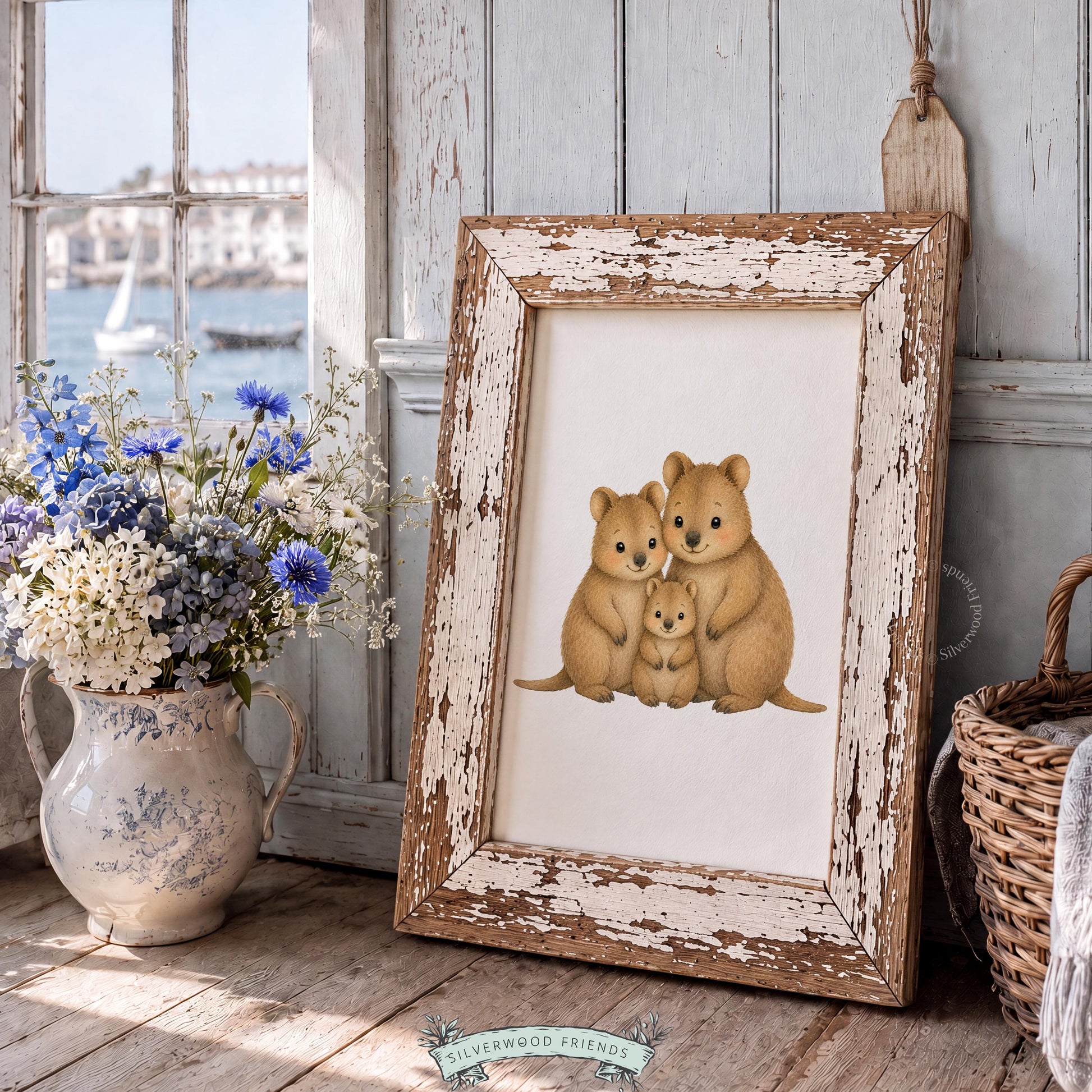 Marsupial family portrait poster art for baby nursery — cute rounded characters in warm earthy watercolor