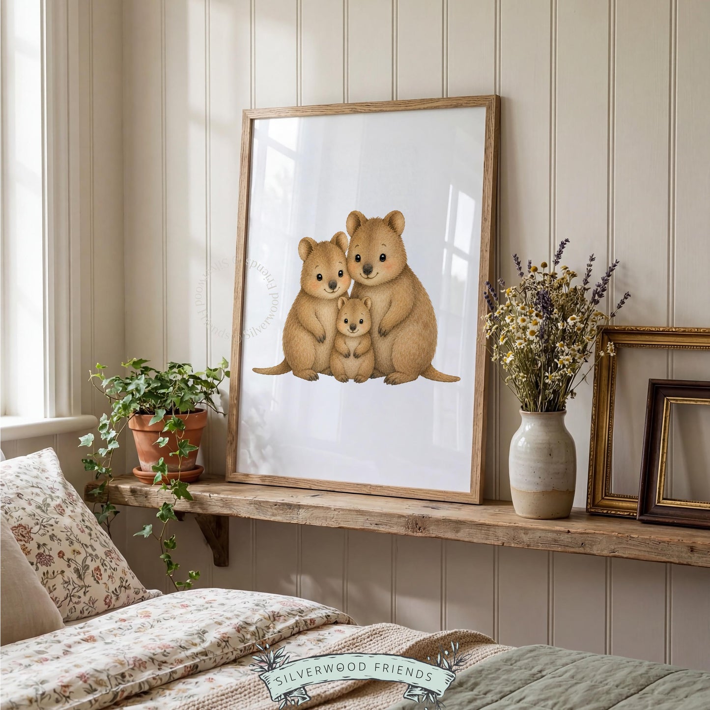 Snuggling quokkas gallery wall print for kids bedroom — gentle storybook-style illustration, soft neutral colors