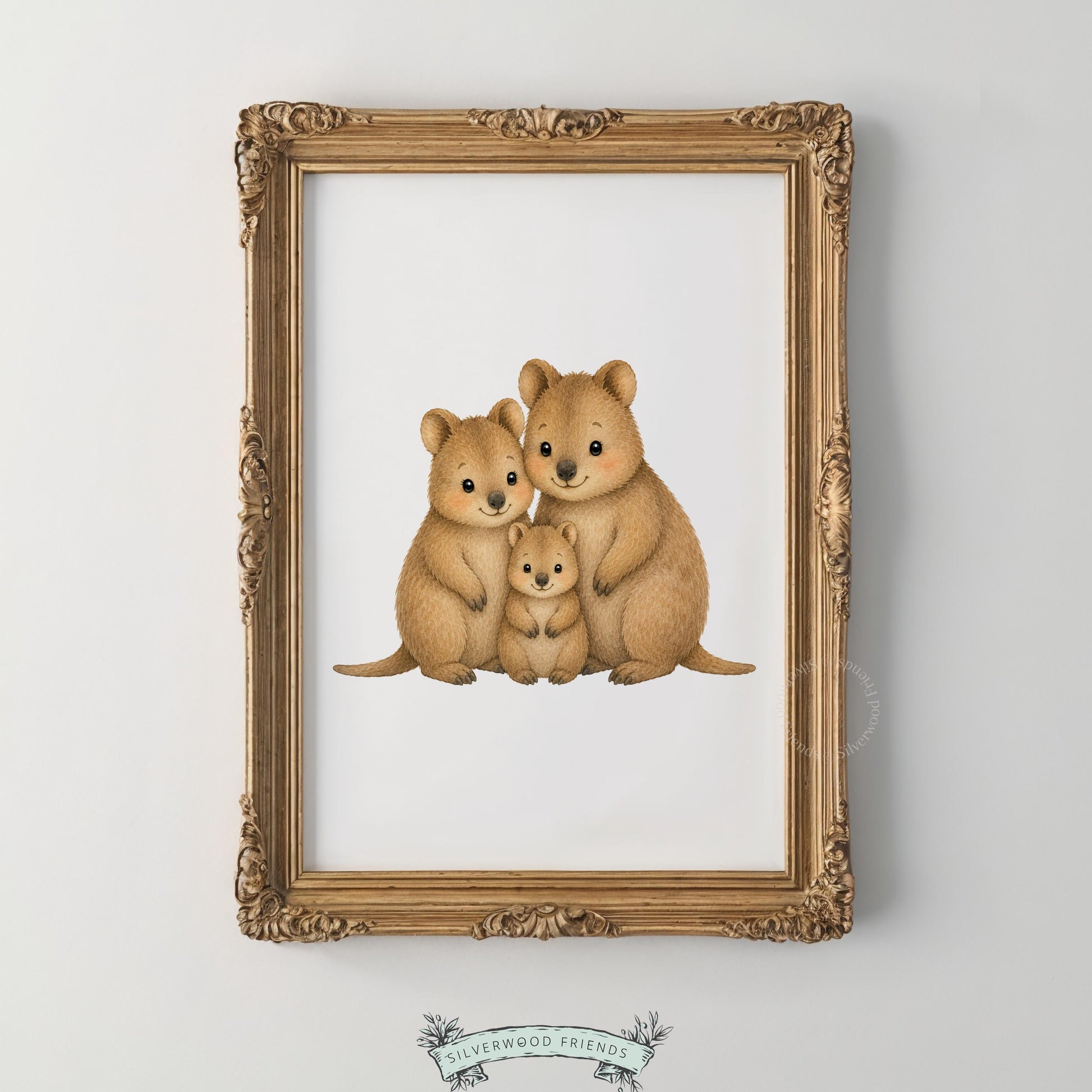 Cute quokka family poster wall art for baby room — soft pencil illustration with cozy storybook aesthetic