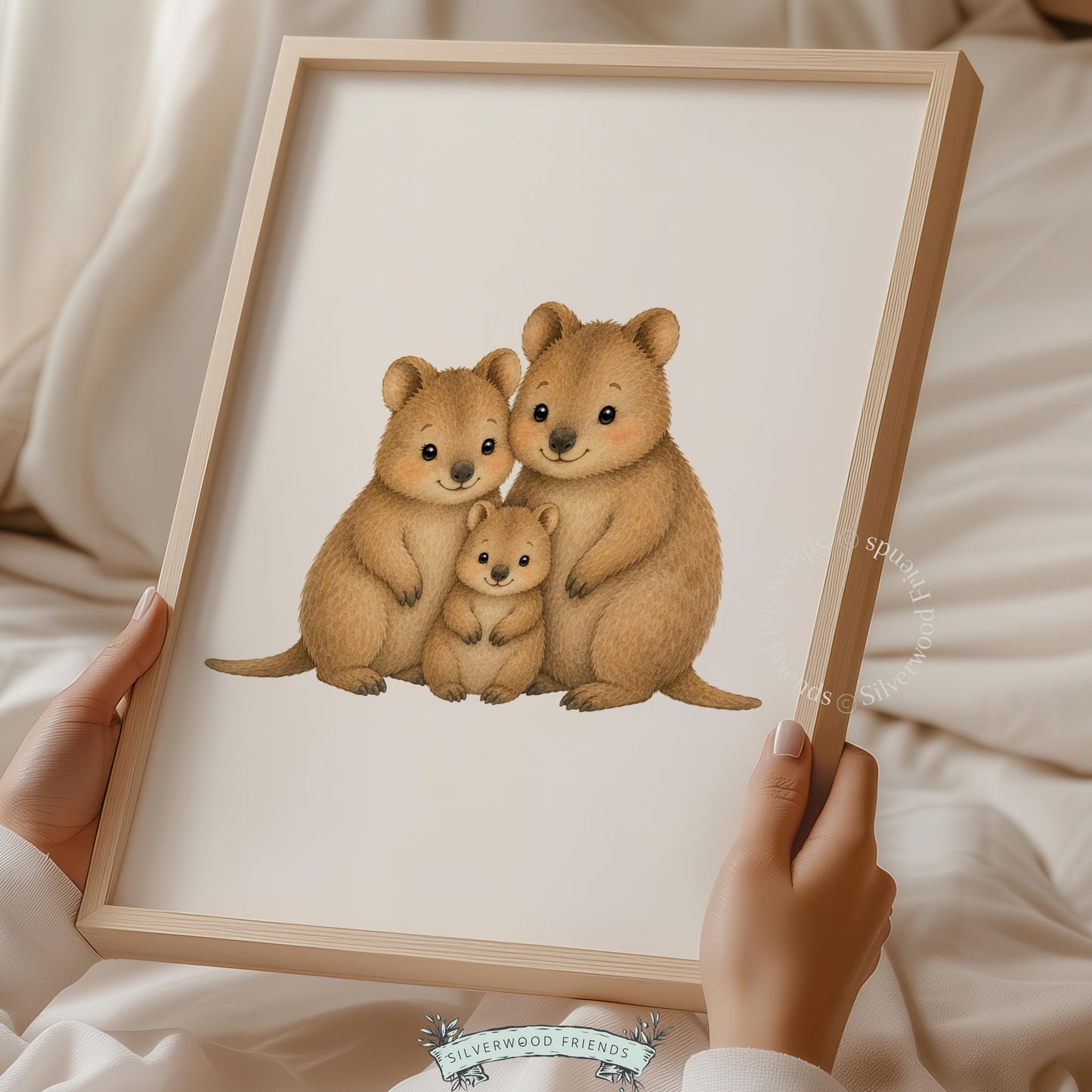 Cuddling quokka creatures poster for neutral nursery decor — soft pencil-and-watercolor storybook aesthetic