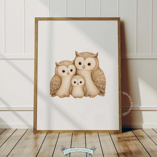 Baby nursery wall print featuring owl family — watercolor illustration of parent birds with tiny owlet in front