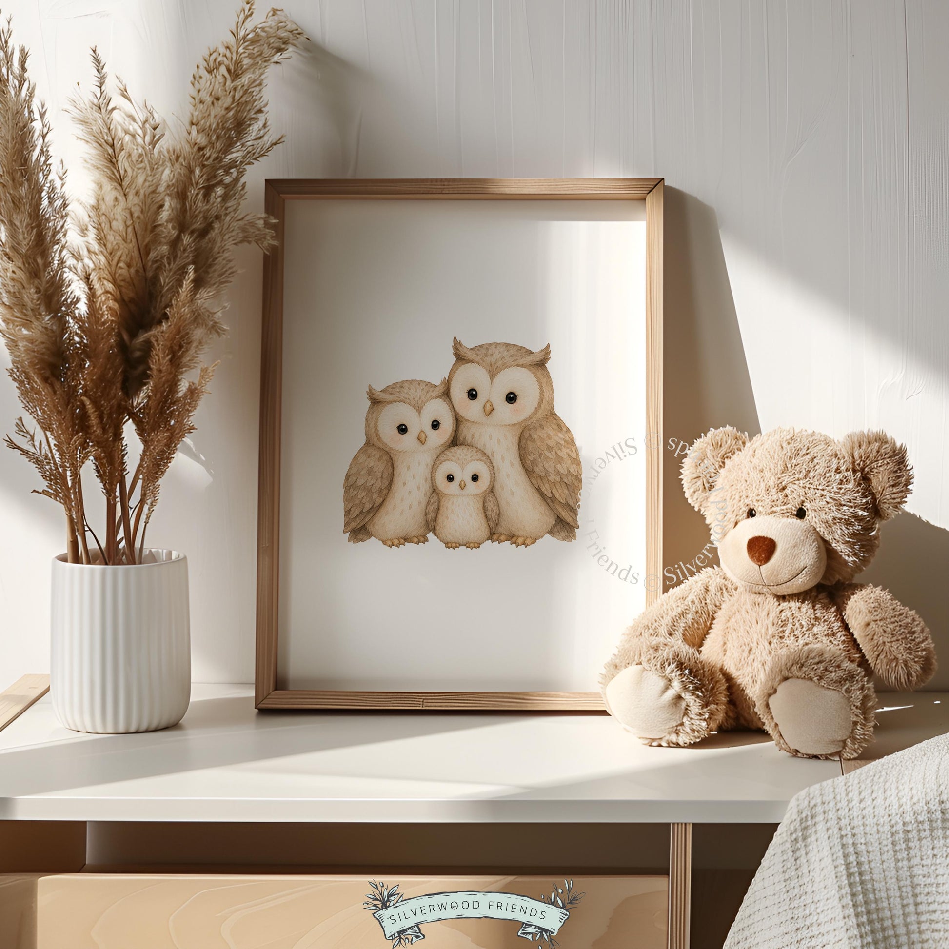 Cute forest owl poster for neutral nursery — three-bird family in warm watercolor with peaceful aesthetic