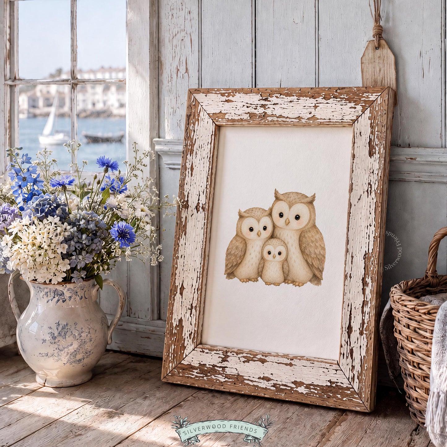 Baby owl wall art print for kids room — gentle family scene with parent owls and tiny chick illustration