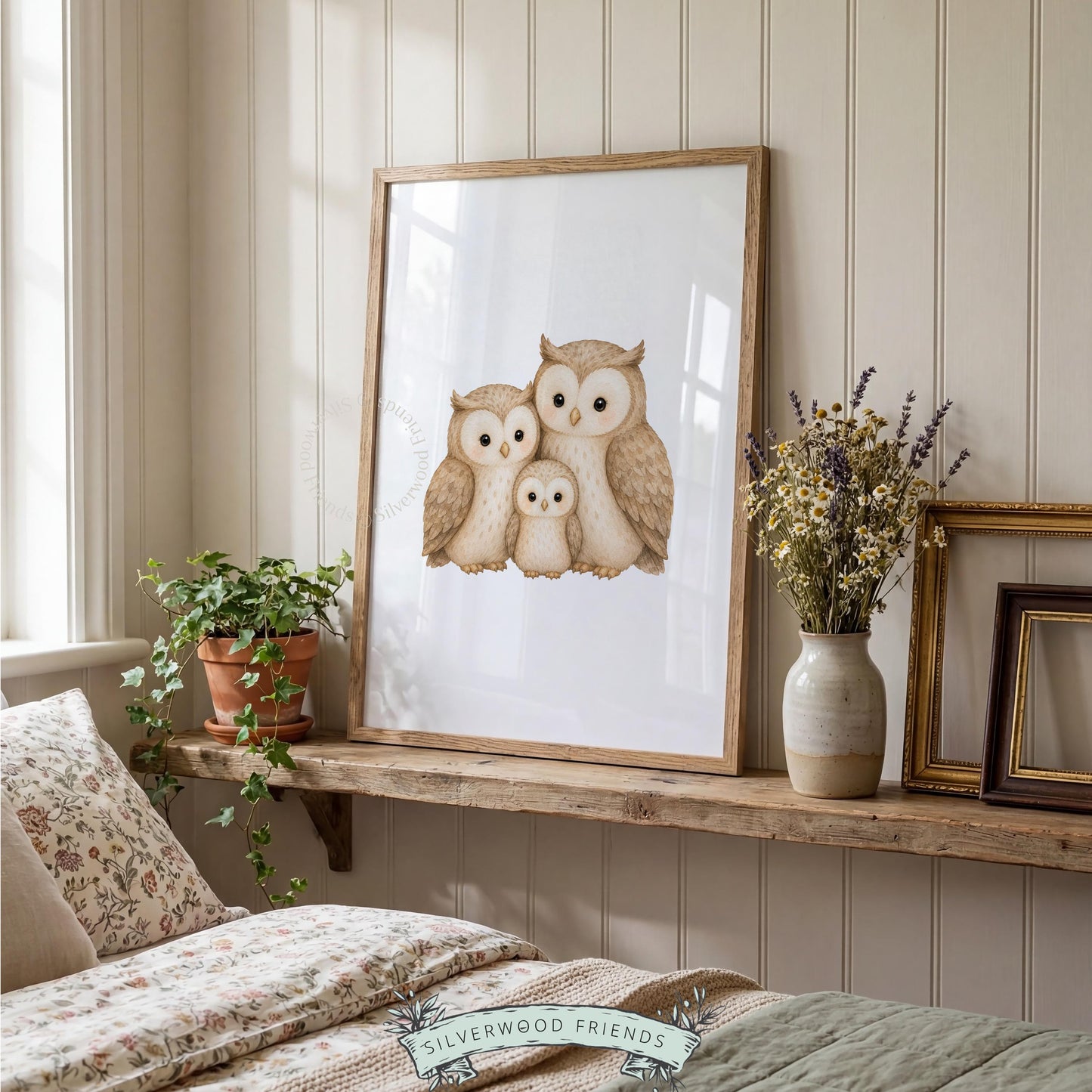 Owl trio wall poster for baby room — soft, warm watercolor family portrait perfect for neutral décor schemes