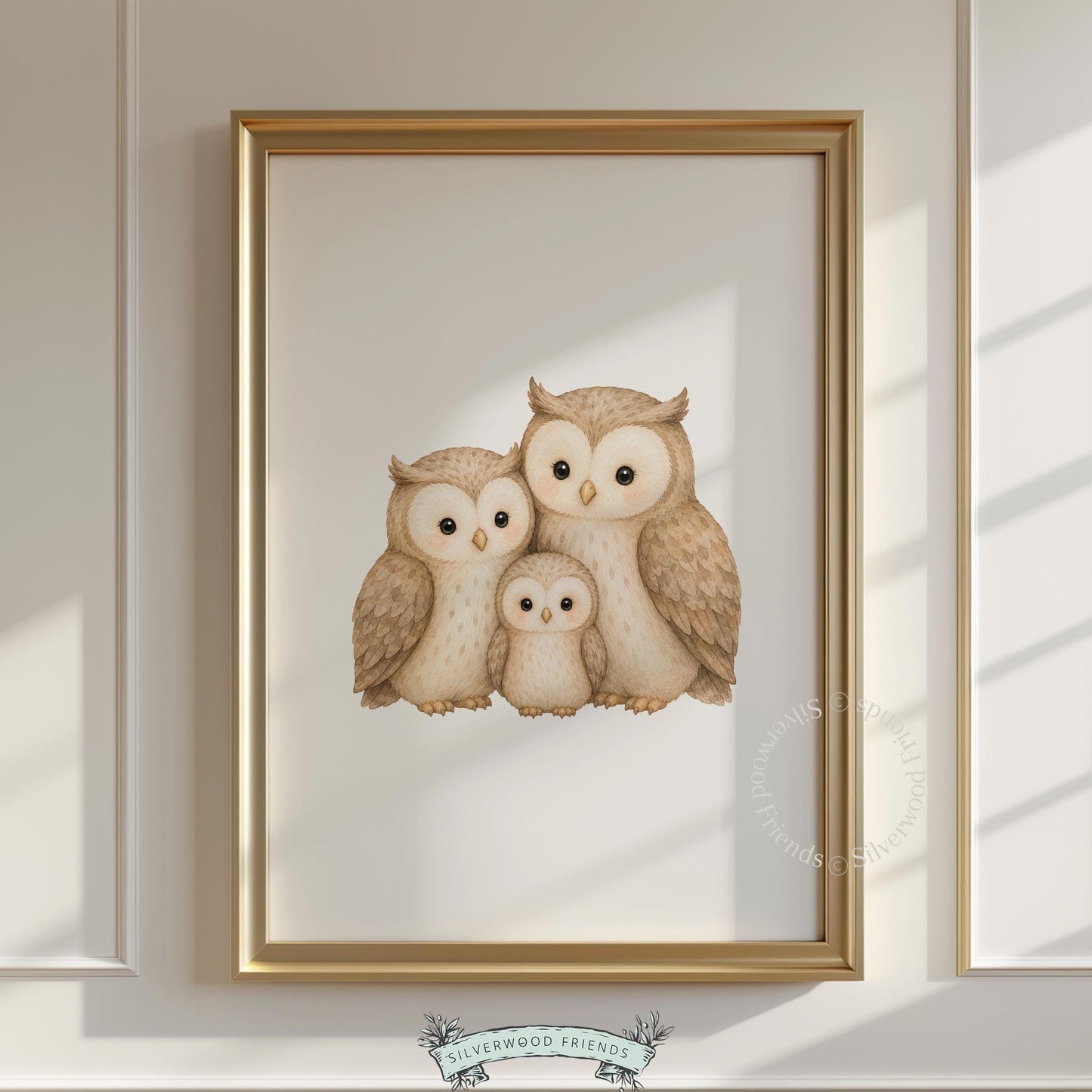 Owl family portrait printable art for nursery — three woodland birds in soft watercolor with warm beige tones