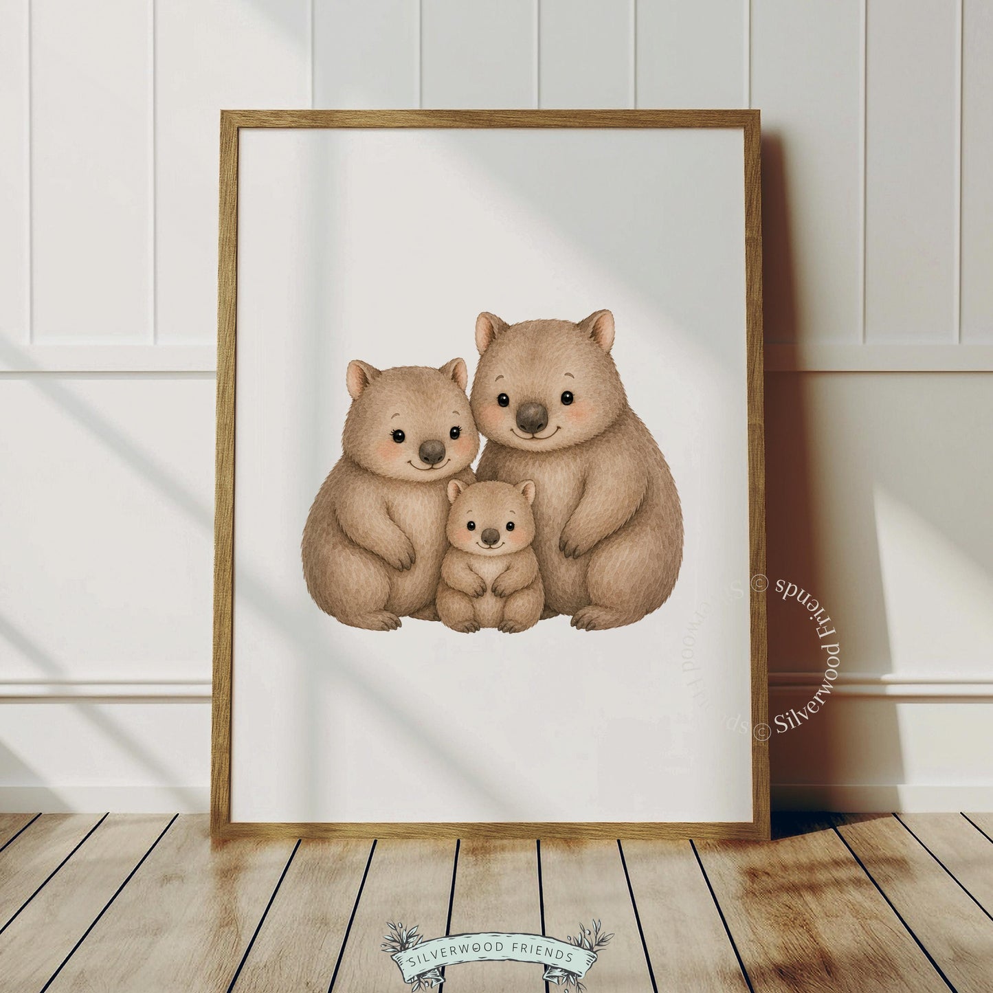 Wombat family bonding pose wall art for nursery — adorable grouped animals illustration in tender watercolor sketch aesthetic