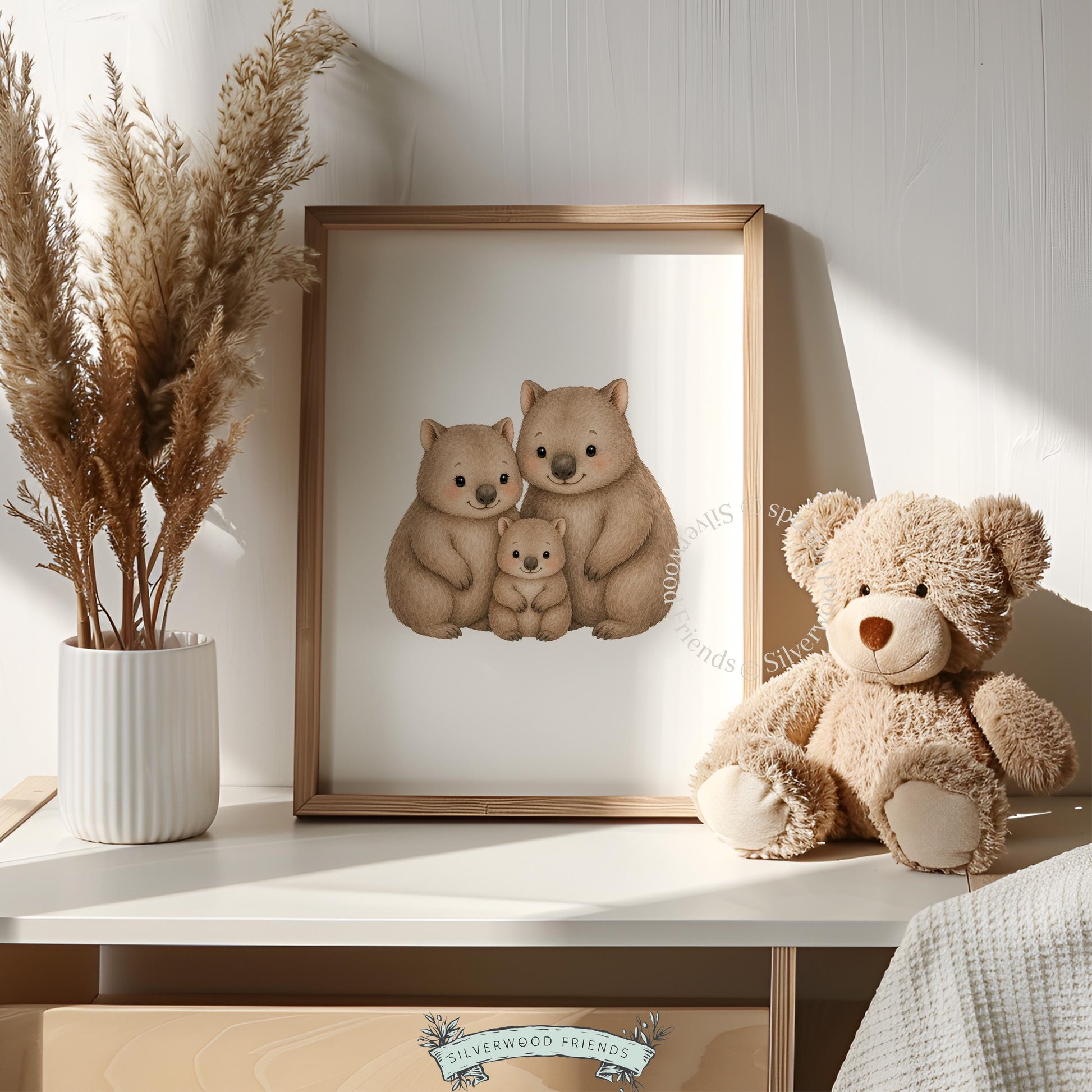 Wombat trio digital print for playroom — adorable woodland creatures in tender watercolor and sketch design for children