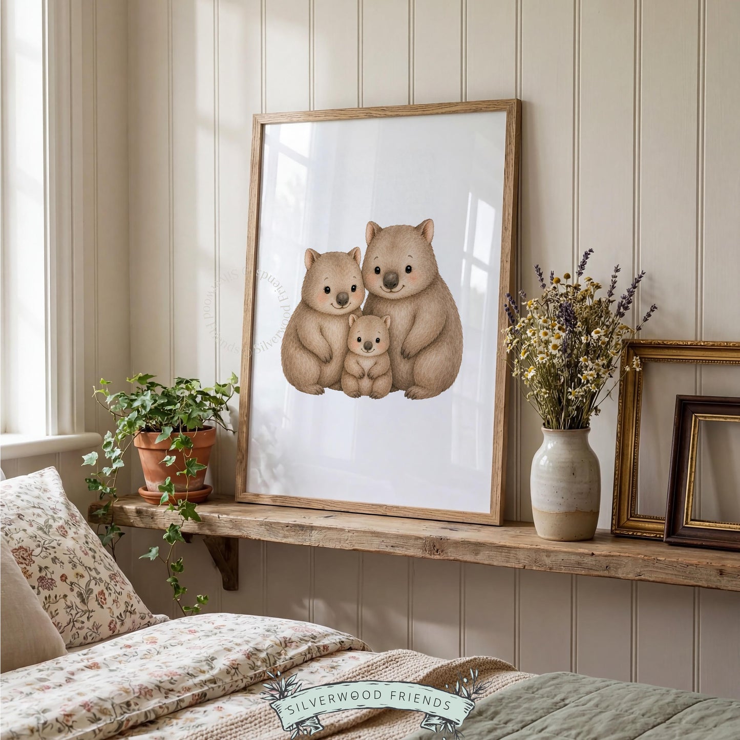 Wombat mother, father, baby poster printable art for nursery — tender family portrait in gentle sketch and wash illustration