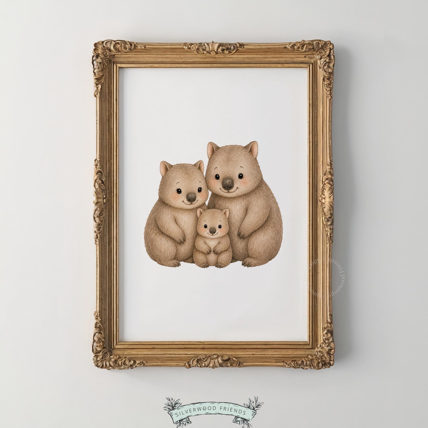 Baby wombat family digital print for nursery — sweet grouped pose wall art in gentle pencil-sketch watercolor technique