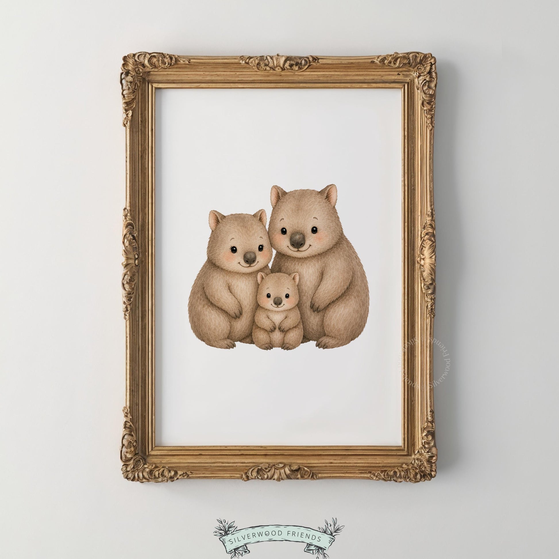 Baby wombat family digital print for nursery — sweet grouped pose wall art in gentle pencil-sketch watercolor technique