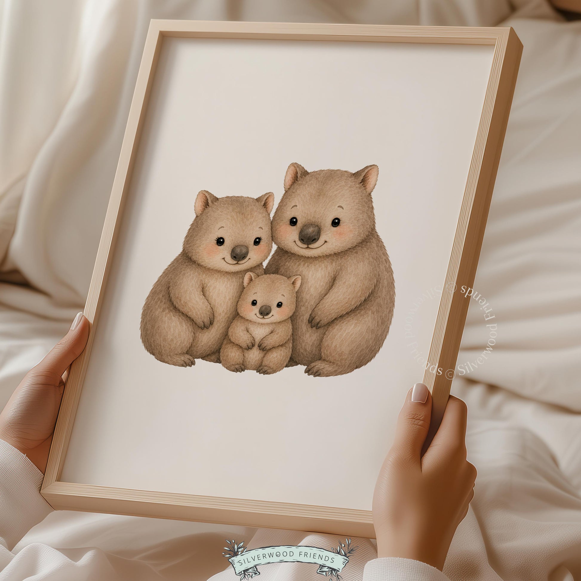 Wombat family cuddle group picture print for kids room — sweet nursery artwork in soft-shaded pencil and watercolor design