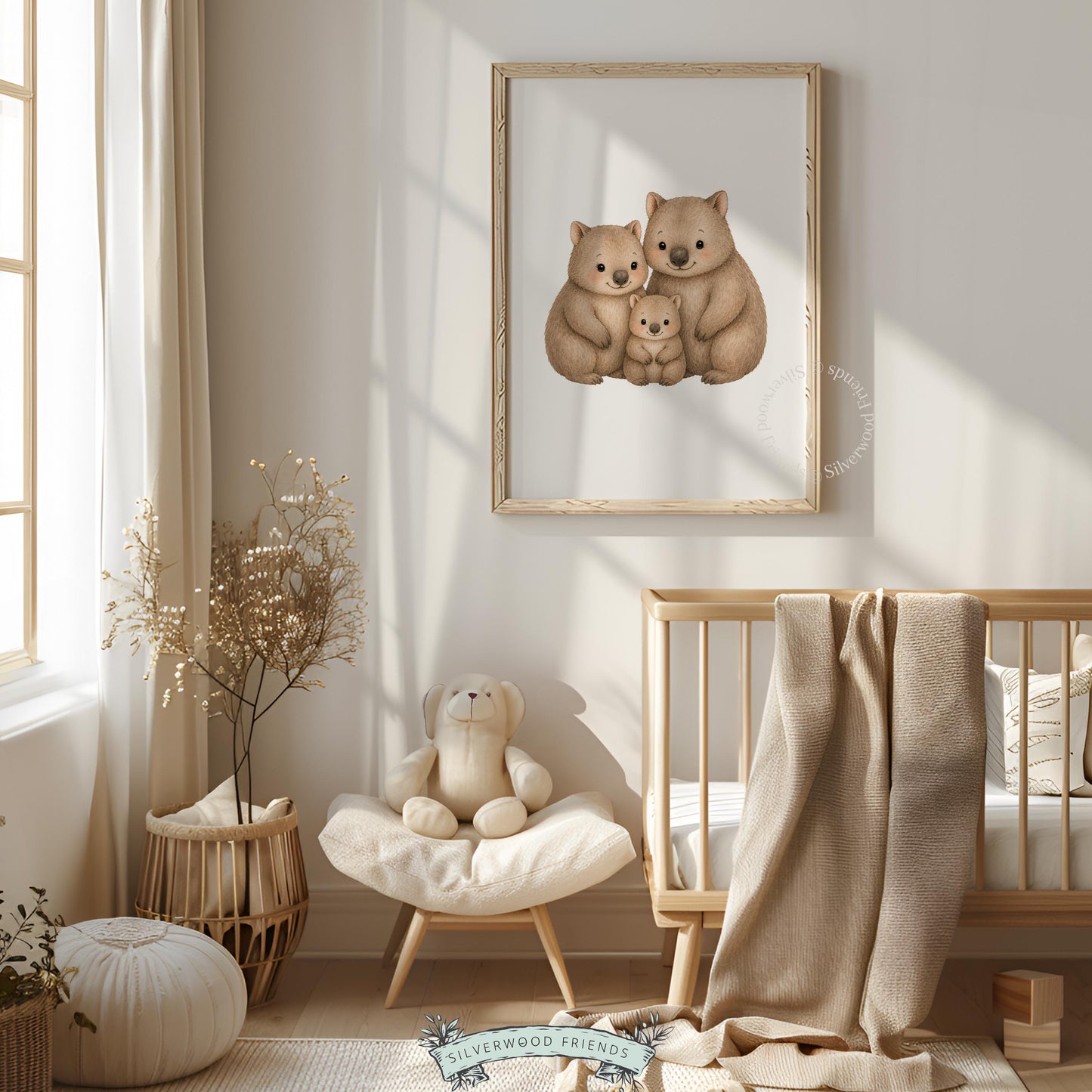Baby wombat with parent poster for toddler room — sweet animal family portrait in soft shading and calming earth tones