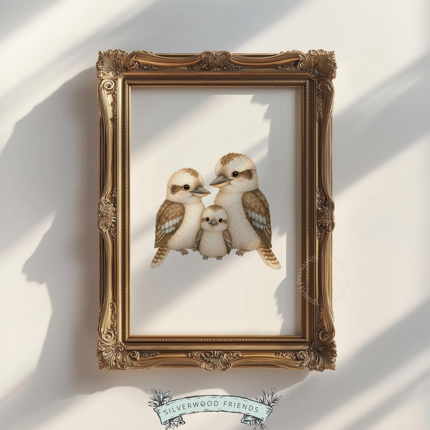 Charming feathered family poster instant download — three birds in warm neutral tones for kids room