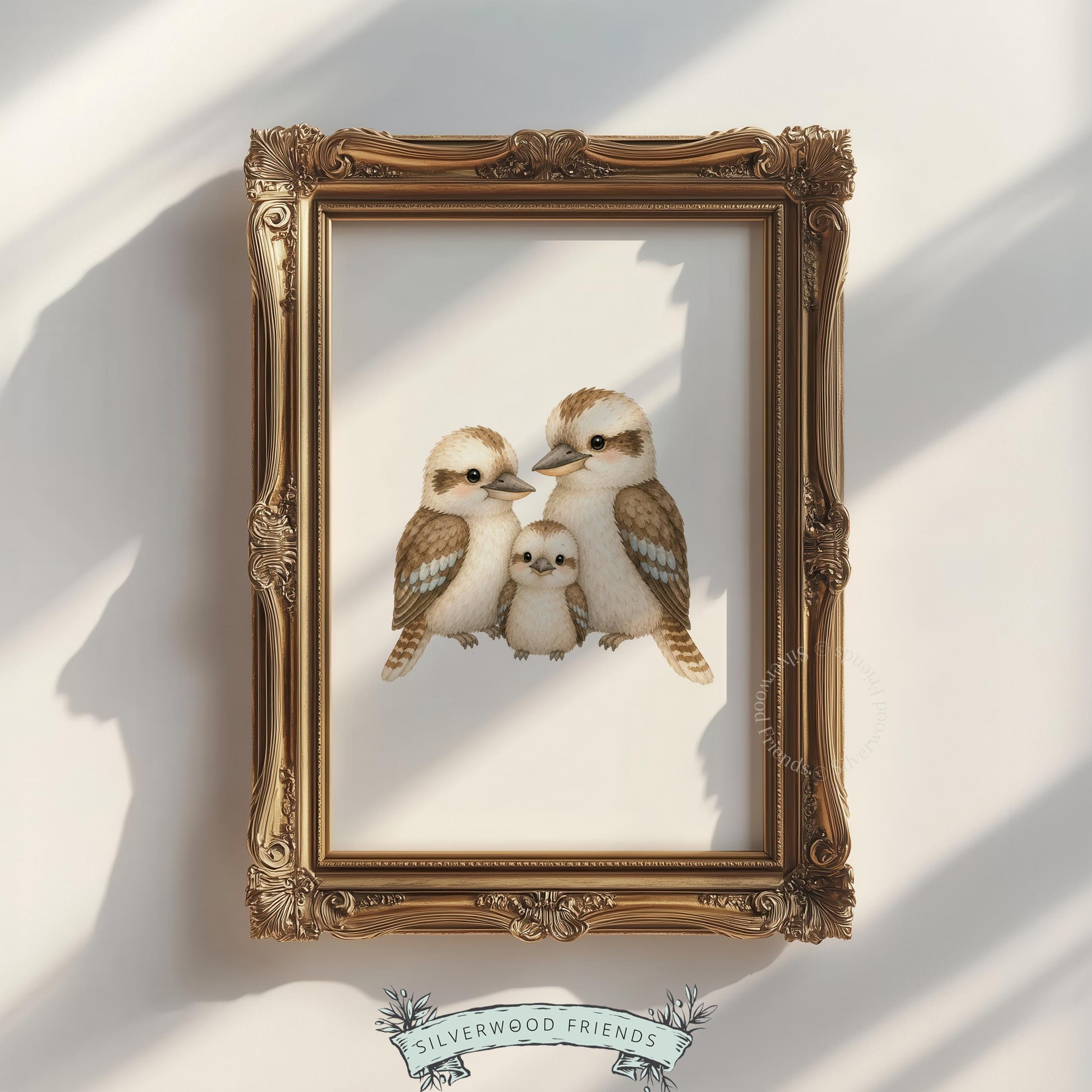 Charming feathered family poster instant download — three birds in warm neutral tones for kids room