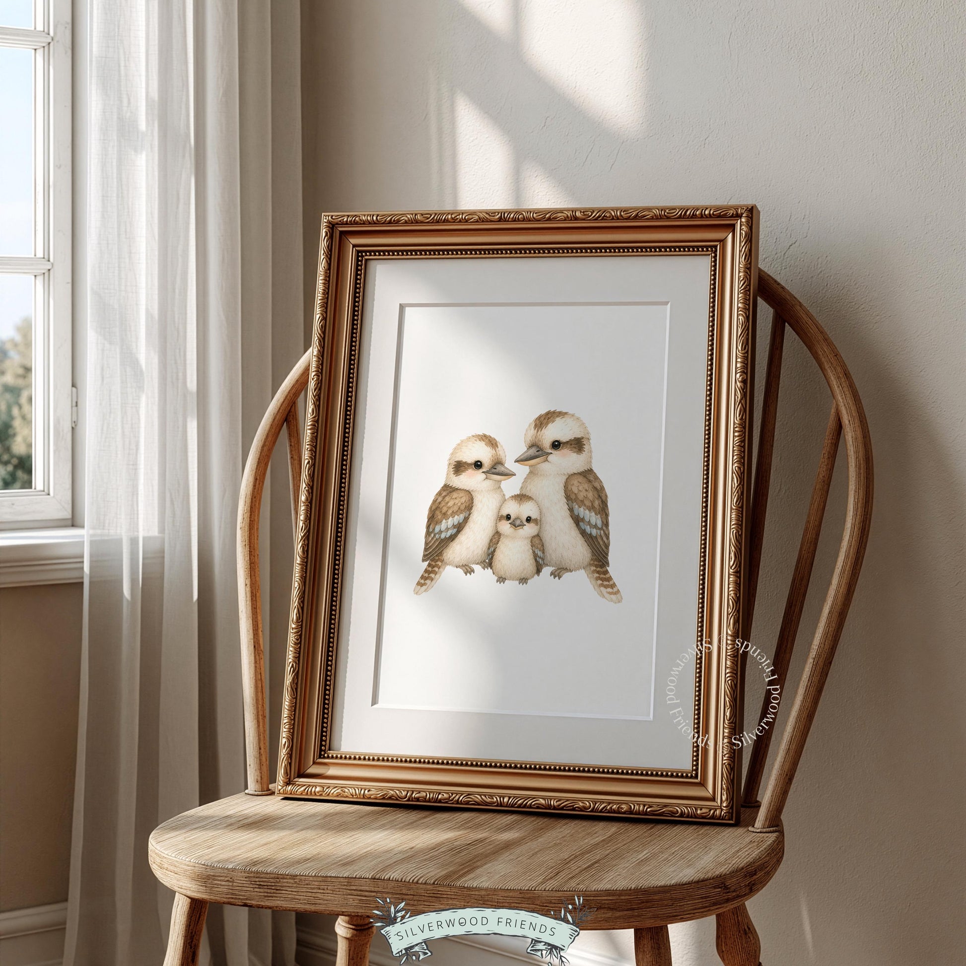 Gentle nature illustration wall art for toddler room — kookaburra chick flanked by adults