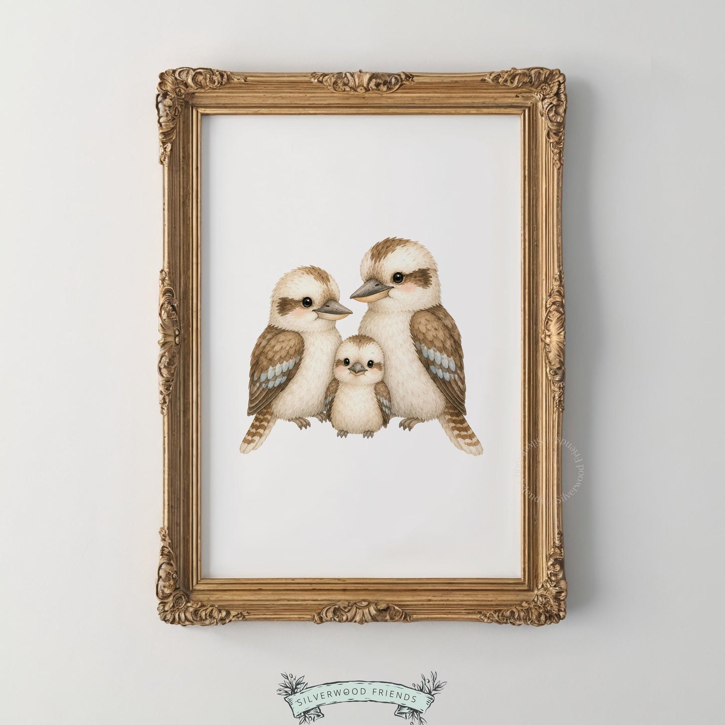 Gentle bird family wall art for baby room — muted taupe watercolor with fluffy chick design