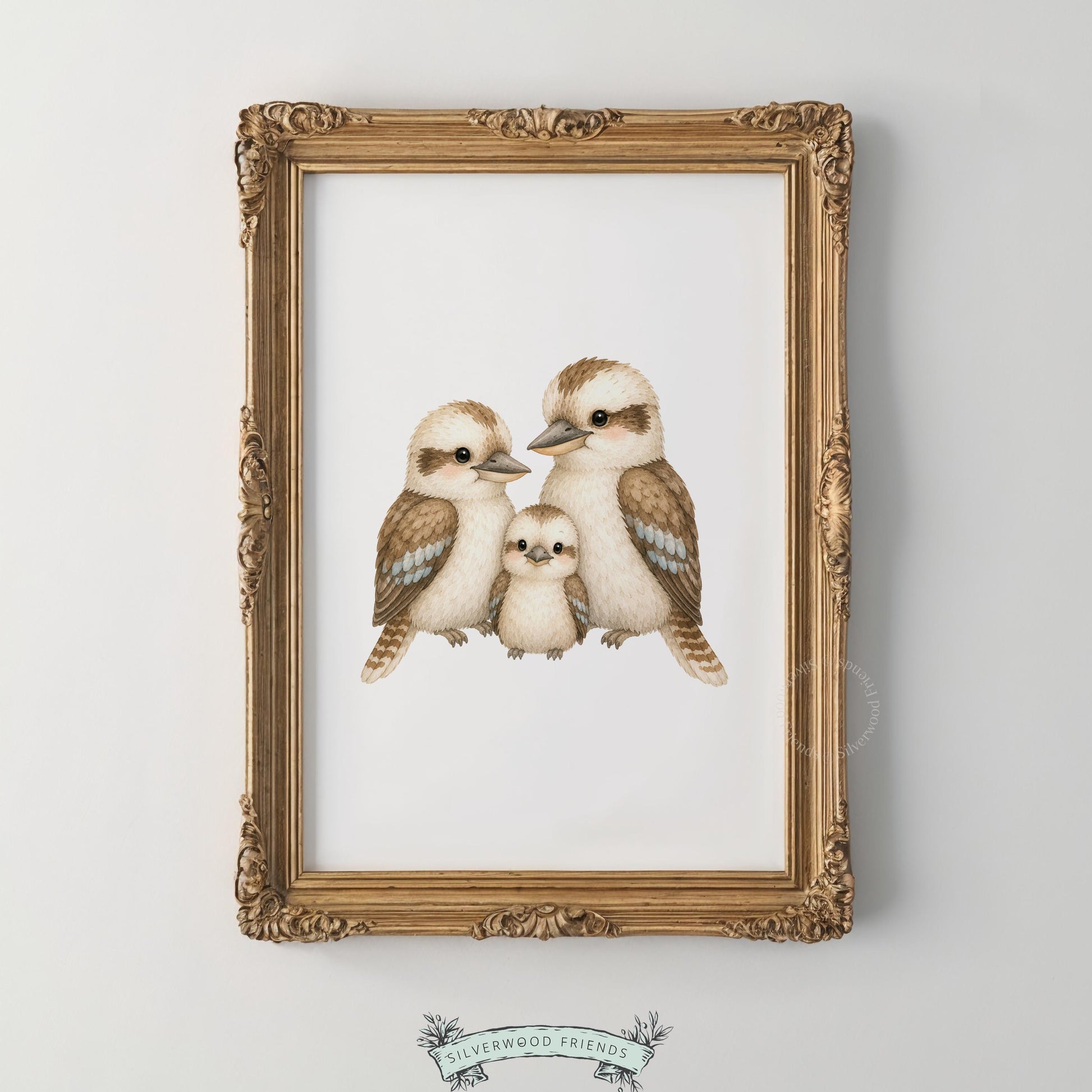 Gentle bird family wall art for baby room — muted taupe watercolor with fluffy chick design