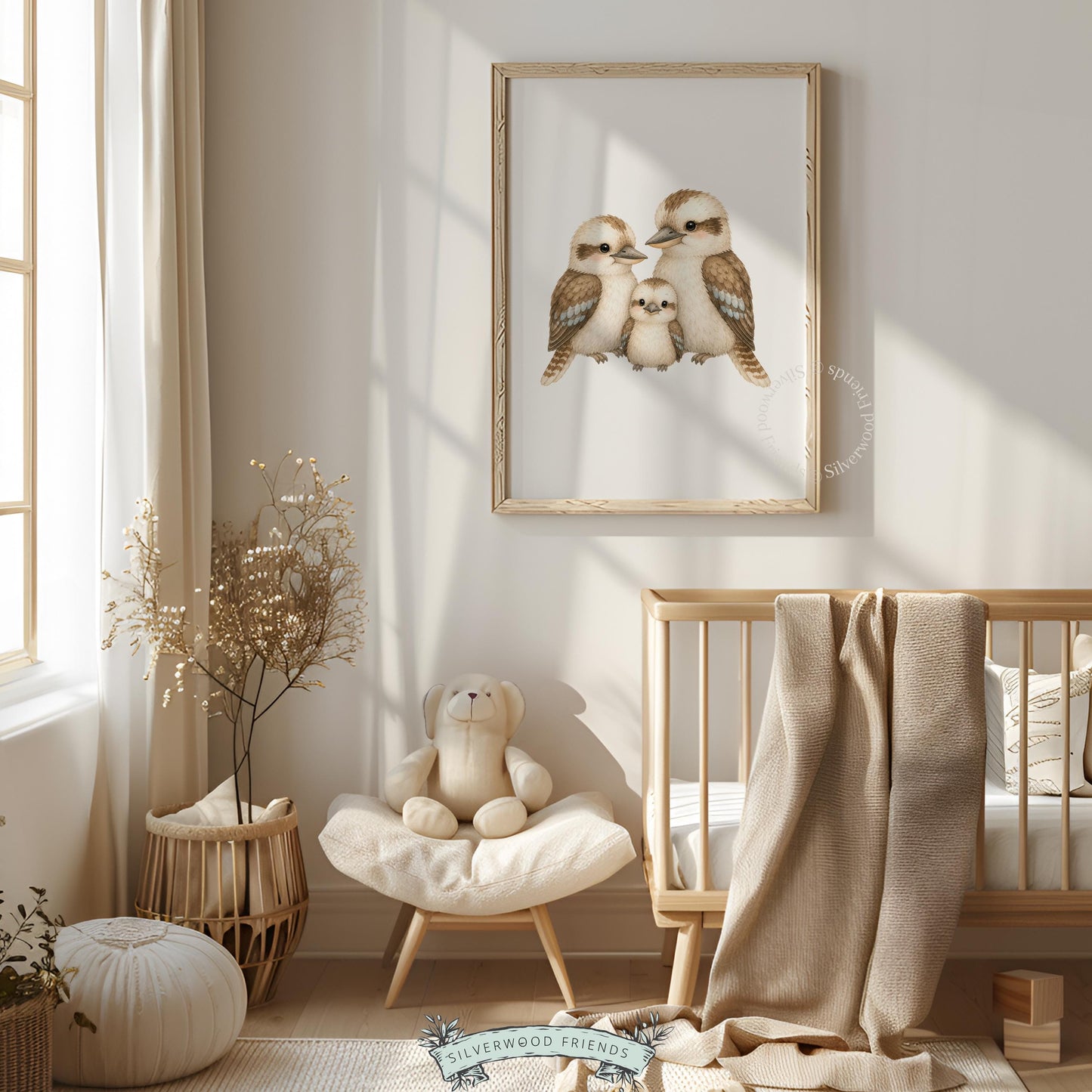 Storybook bird illustration poster for toddler room — warm earthy palette with sweet chick character