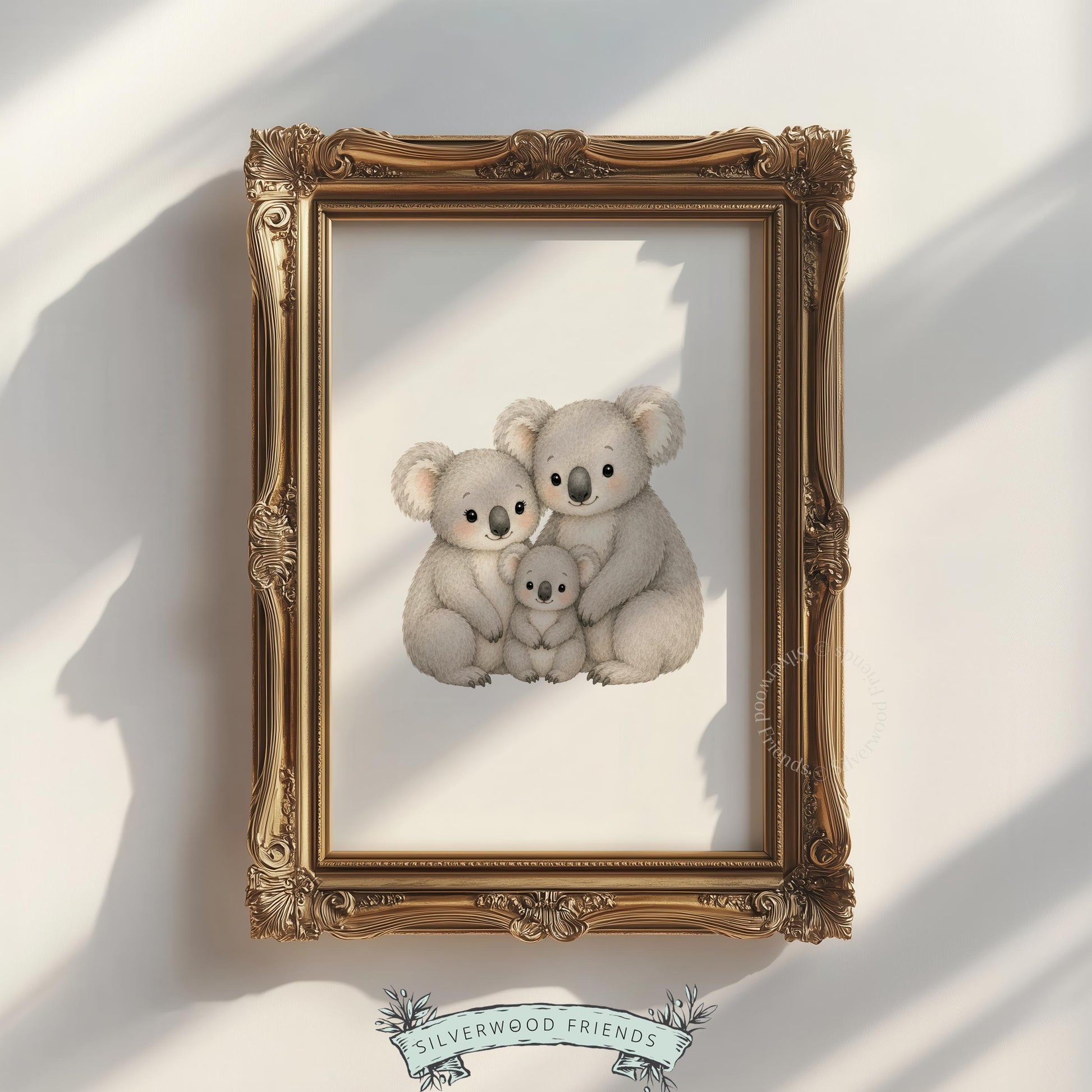 Sweet koala parent-child illustration wall art for nursery — soft watercolor aesthetic in warm neutral tones