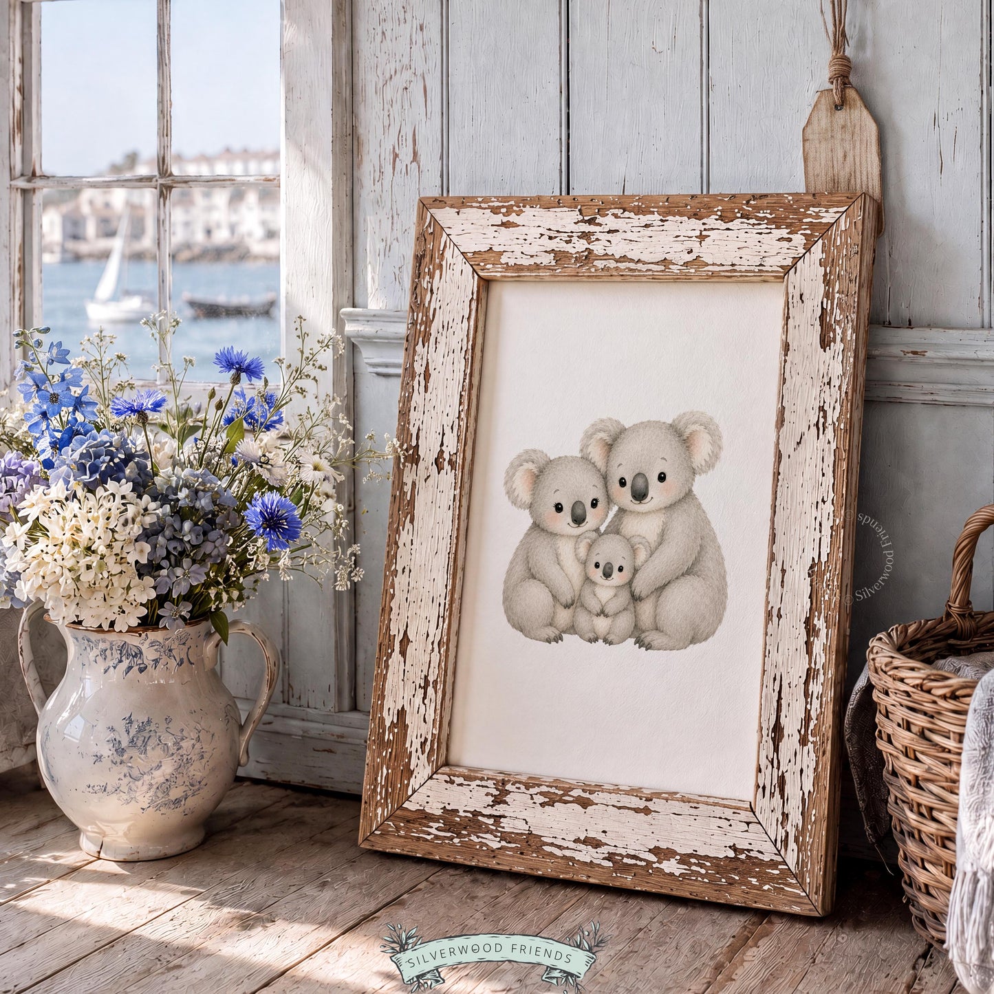 Sweet koala mama and baby digital print for kids room — cute family portrait with calming pastel palette