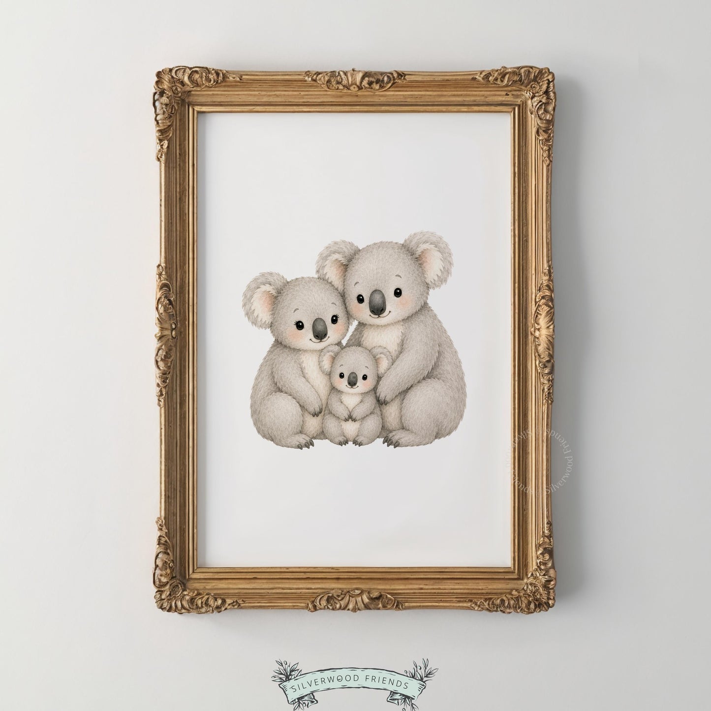 Koala family bond wall decor for neutral nursery — watercolor rendering in soothing earthy hues