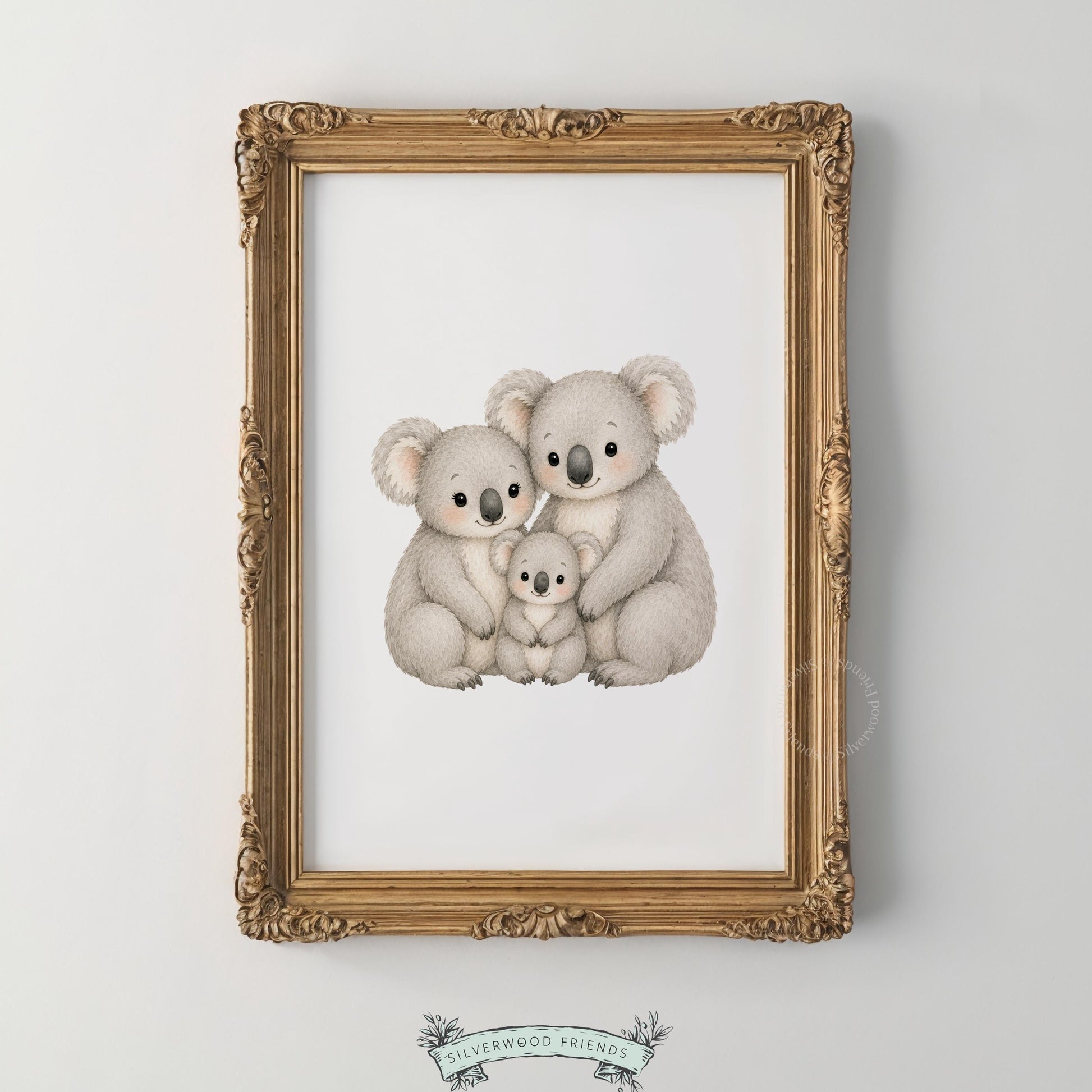 Koala family bond wall decor for neutral nursery — watercolor rendering in soothing earthy hues